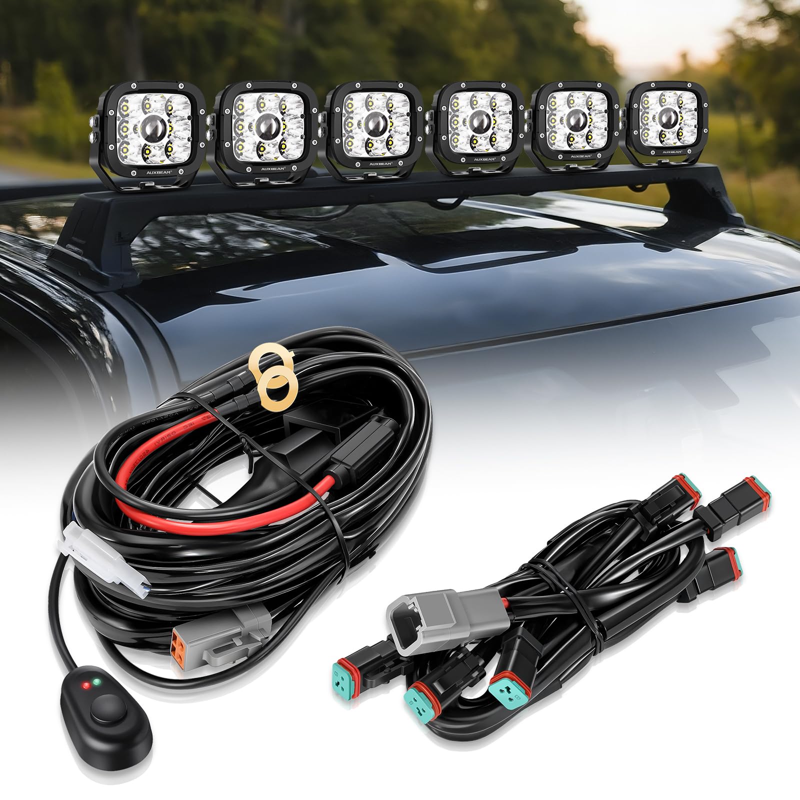 Auxbeam Led Pods Led Offroad Light Wiring Harness Kit 6 Leads, On Off Waterproof Switch Heavy Duty 12V Power Relay, Extension Wiring Harness 40A Blade Fuse 2PIN DT Plug