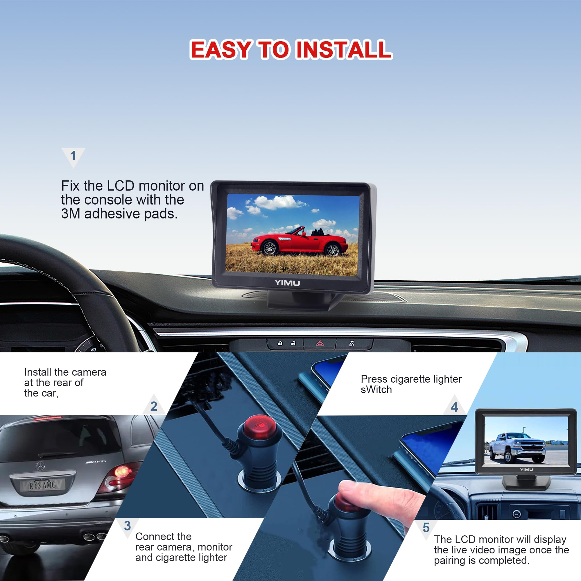 YIMU Backup Camera System with License Plate Backup Reverse Camera, Easy Installation, Plug & Play, DIY Guide Lines, 150° Wide Angle, Night Vision, IP69K Waterproof, Optional Dual Bracket K4302