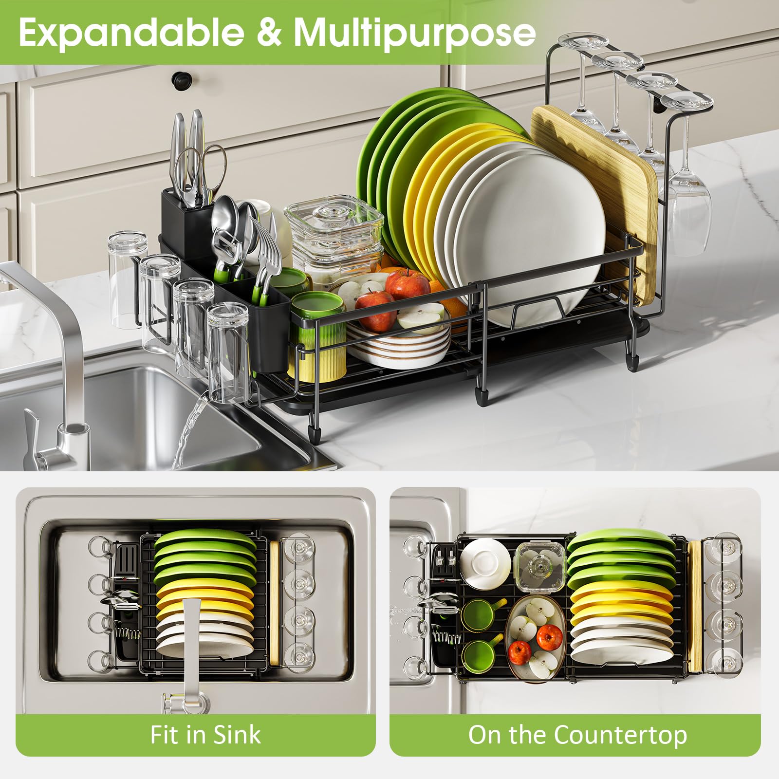 Urackify Expandable Dish Drying Rack for Kitchen Counter, Large Adjustable Dish Rack with Wine Glass and Cutlery Holder, Anti-Rust Dish Drainer with Swivel Drainage Spout