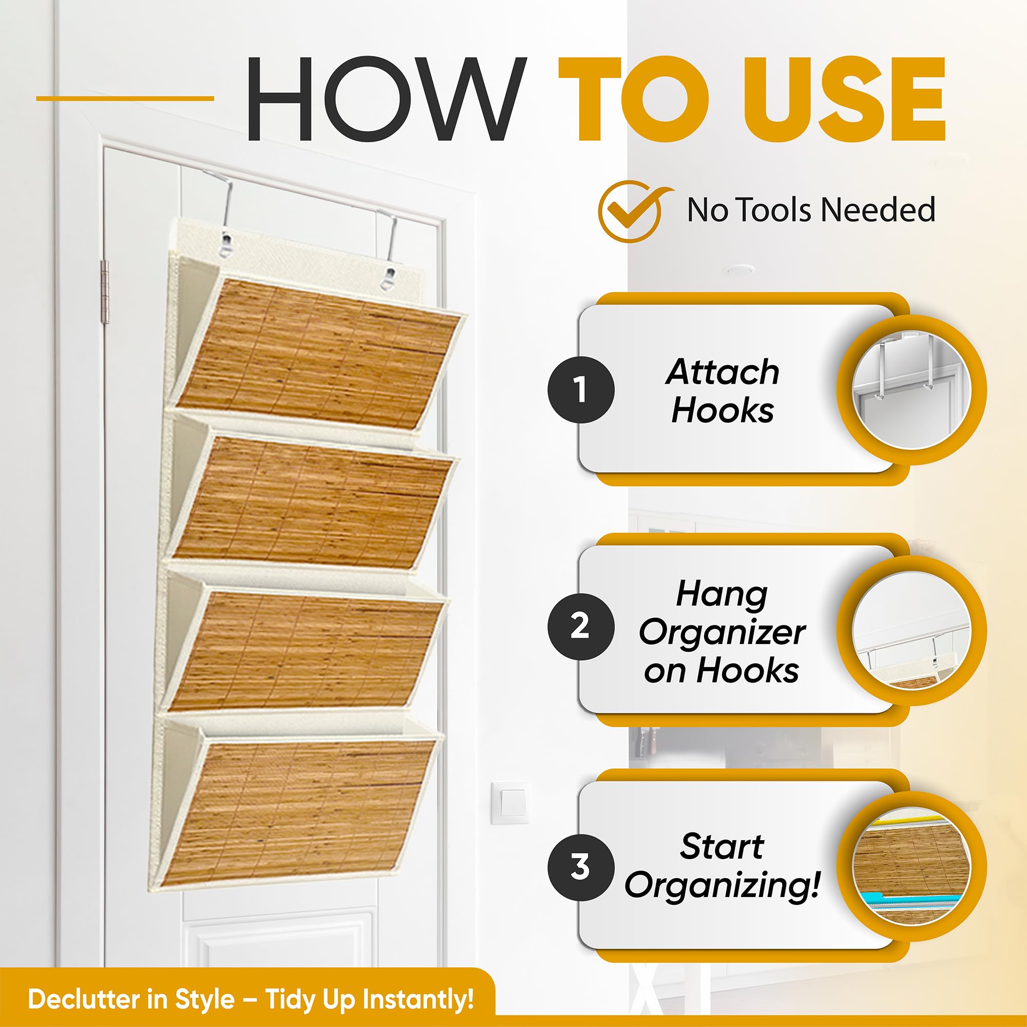 Luxury Over the Door File Organizer with Bamboo Cover – 4 Spacious Pockets for Hanging File Organizer, Premium Hanging Wall File Organizer Folder with Hooks, Ideal for Home Office, Classroom