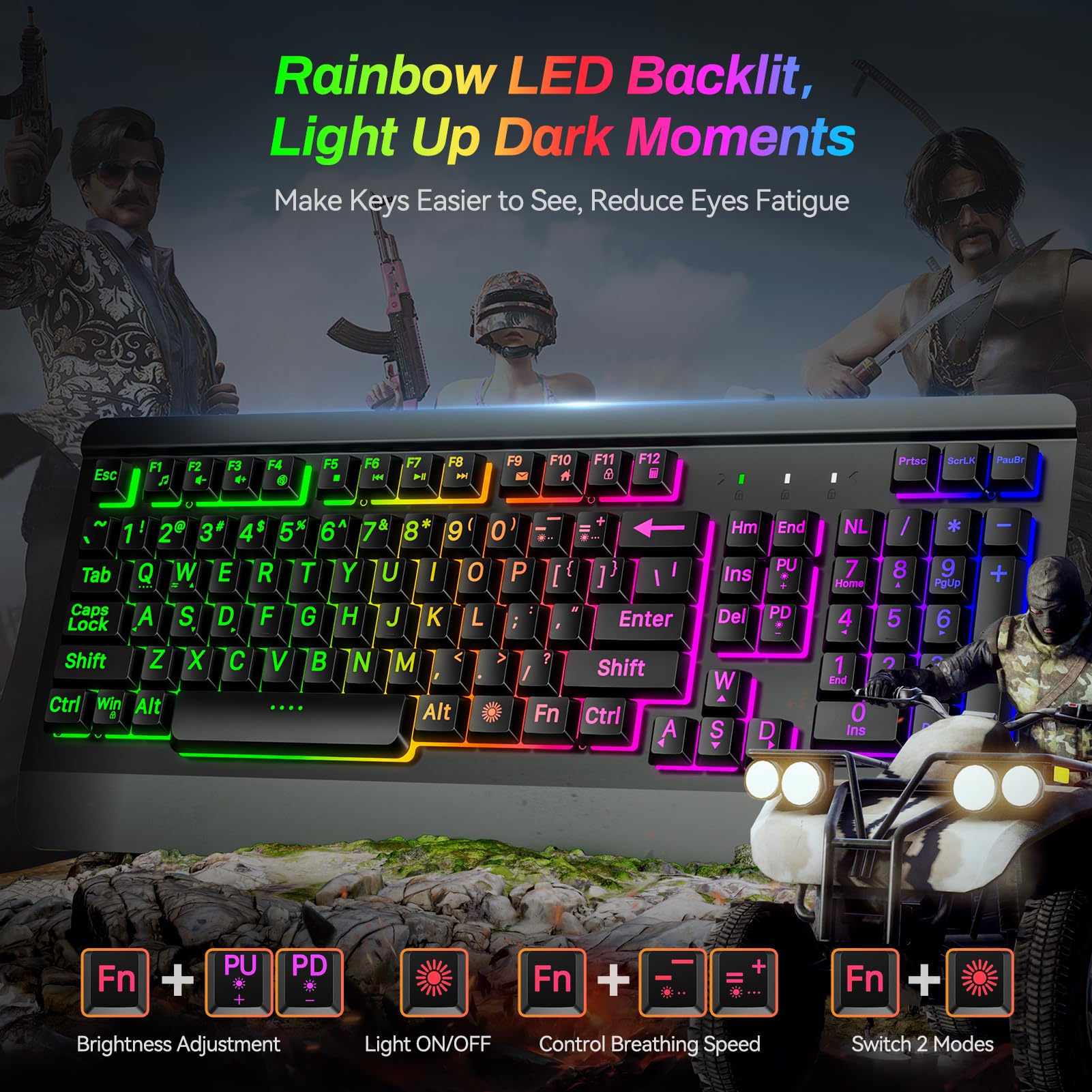 Gaming Keyboard with Large Print Keys, 7-Color Rainbow LED Backlit, Quiet Light Up Computer Keyboard with All-Metal Panel, Wrist Rest, Anti-Ghosting Multimedia Keys, USB Wired Keyboard for PC Mac Xbox