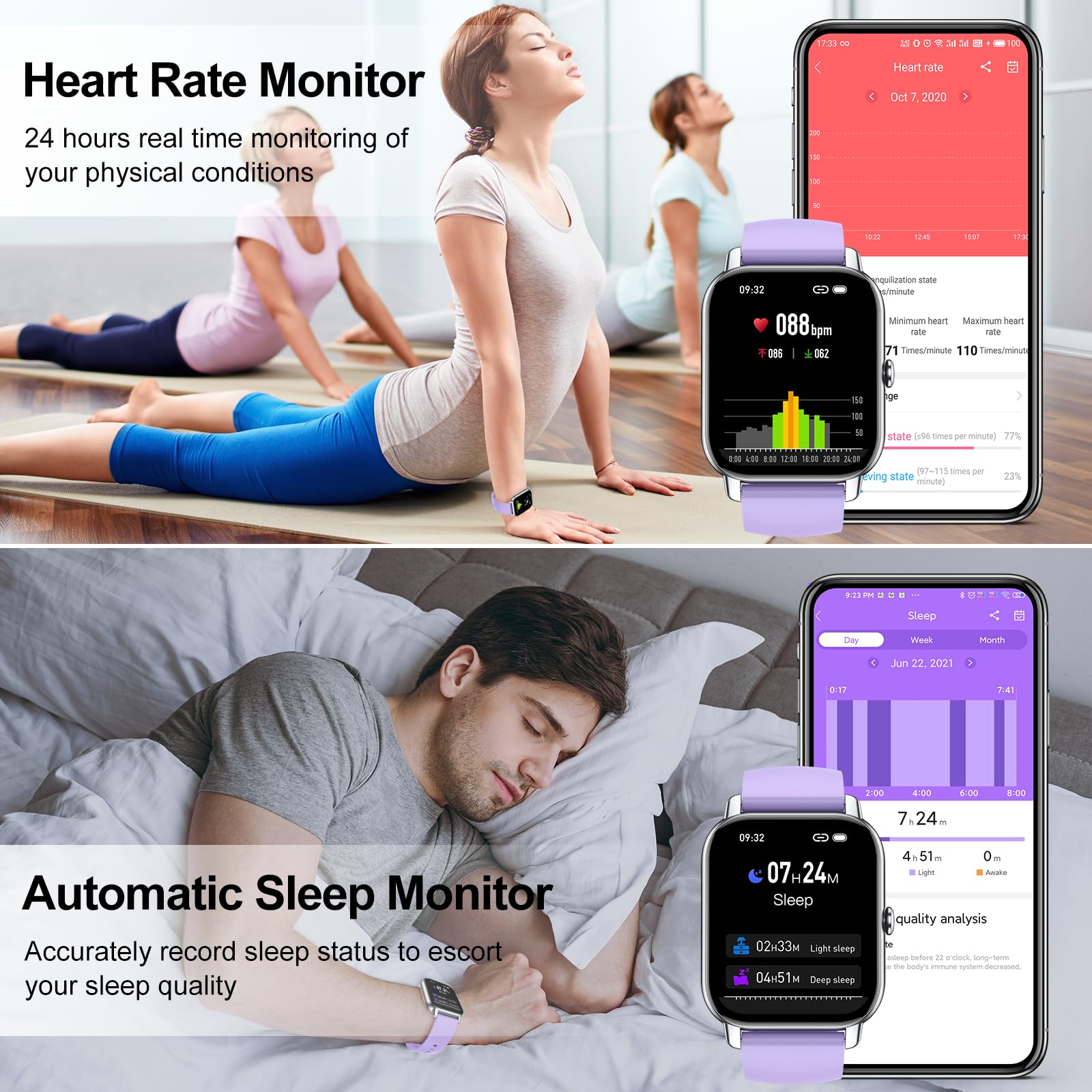 Smart Watch(Answer/Make Call), 1.85" Smartwatch for Women IP68 Waterproof, 100+ Sport Modes, Fitness Activity Tracker Heart Rate Sleep Monitor Pedometer, Smart Watches for Android iOS, Lavender Purple