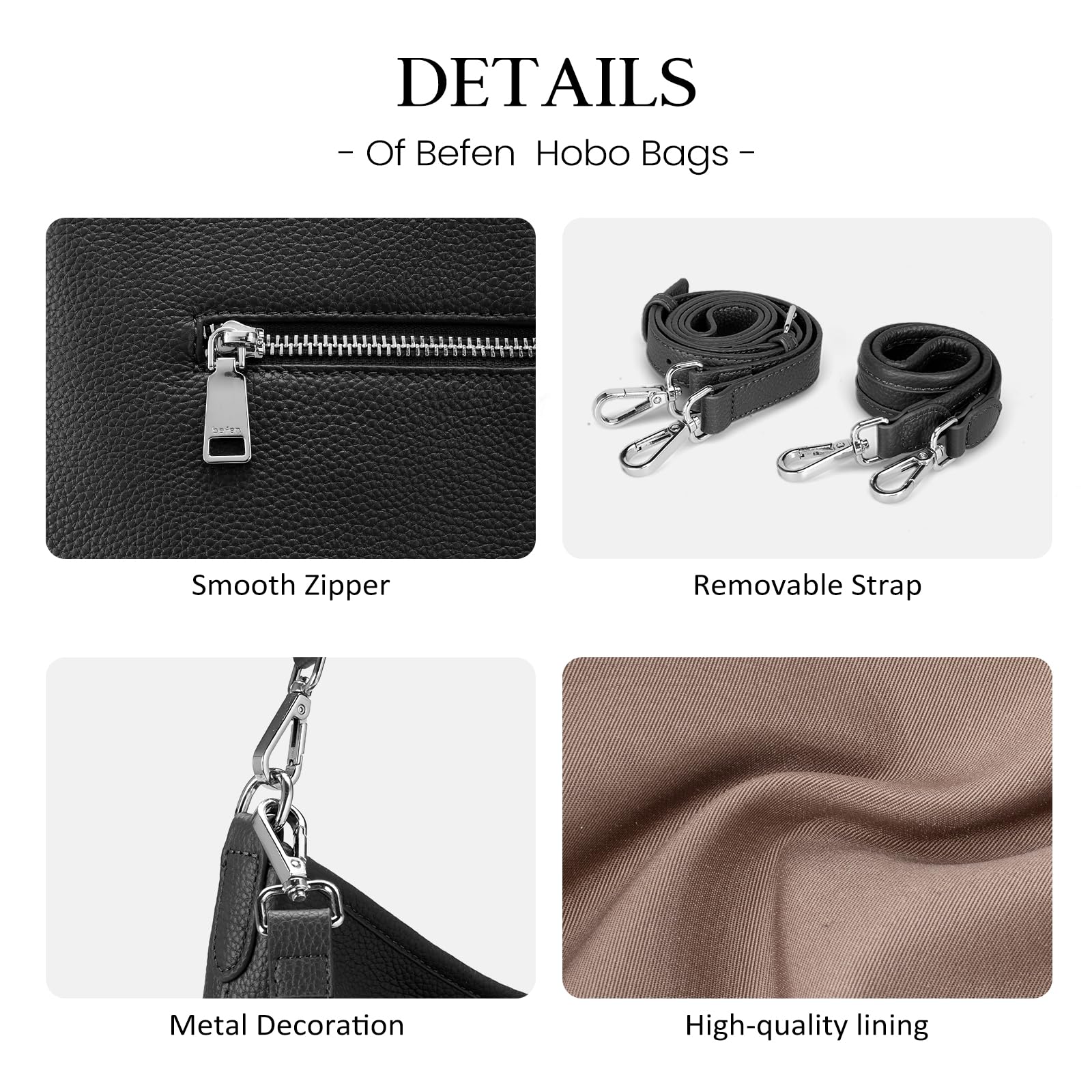 befen Genuine Leather Hobo Bag Purses for Women, Anti Theft Built in RFID Wallet Crossbody Bag Purses, Soft Real Women's Shoulder bag Handbags with 2 Adjustable Shoulder Straps and 4 Zippers,Black