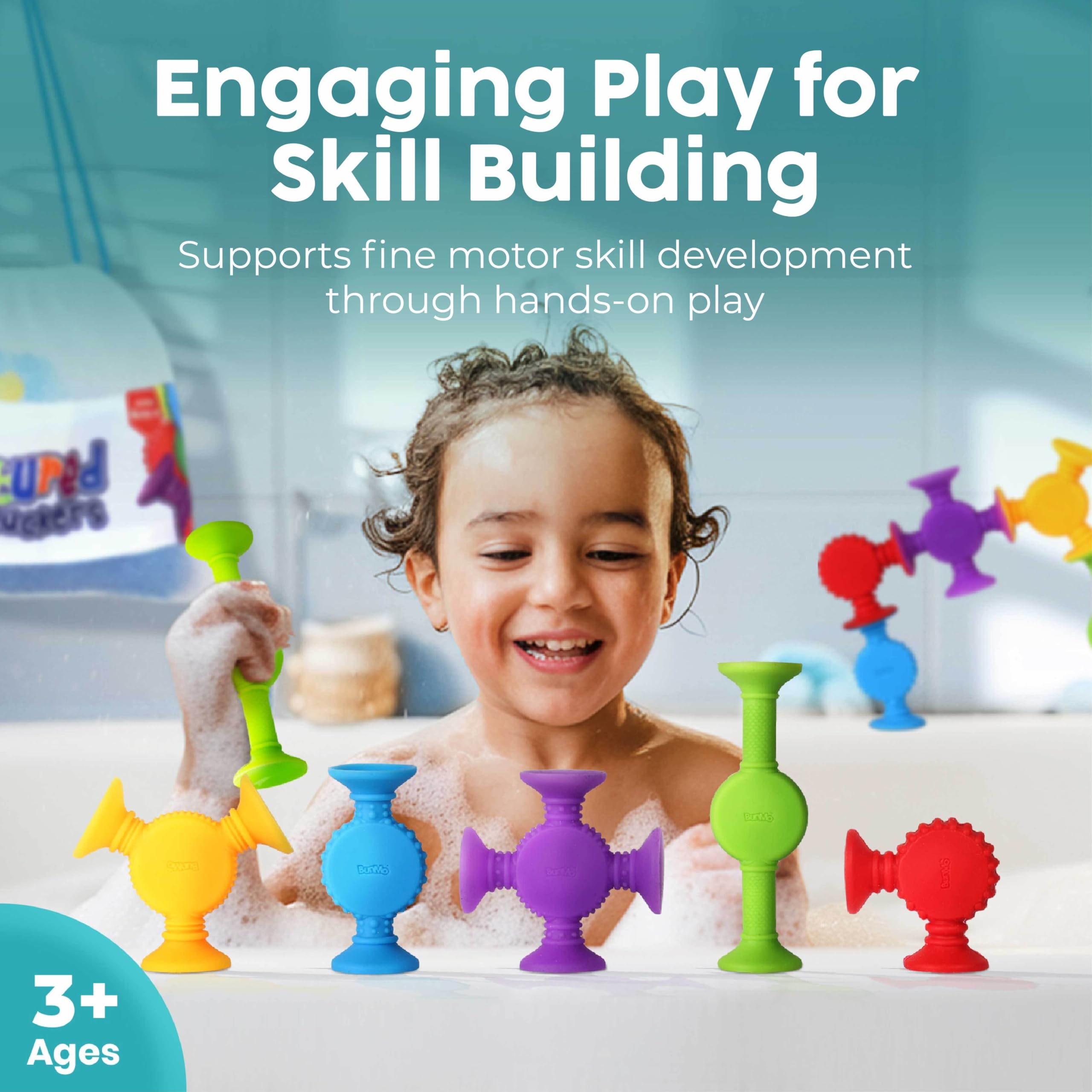 BUNMO Bath Toys Suction - Stocking Stuffers for Kids - Toddler Bath Toys - Connect, Build, Create - Textured 10 Pack and Stocking Stuffers for Kids - Pop Tubes - Toddler Toys - 4 Pack Large