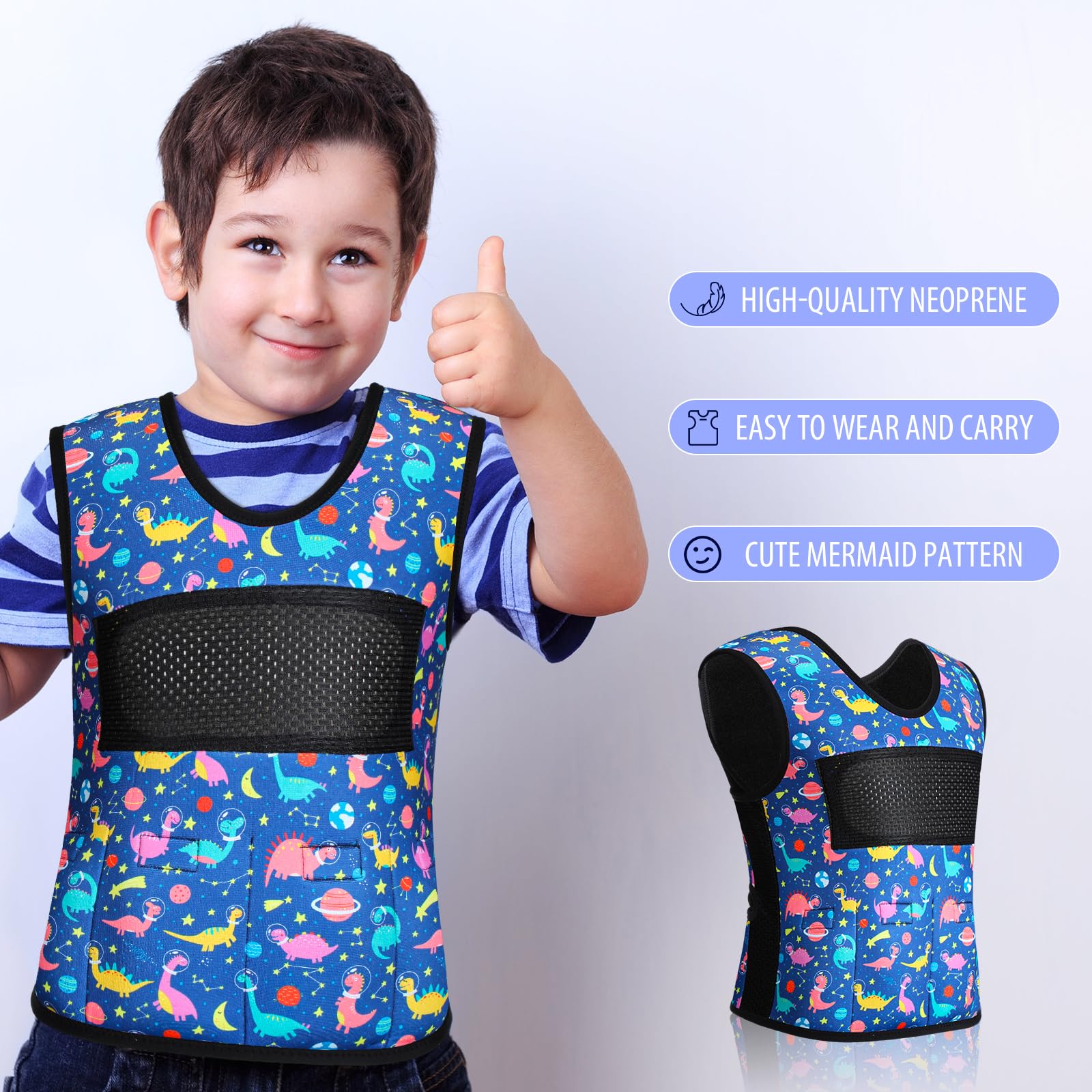 Janmercy Weighted Vest for Kids Ages 4 to 7 and Ages 8+ Boy Girl Adjustable Breathable Compression Vest for Processing Issue(Dinosaur,Medium,Dark Blue)