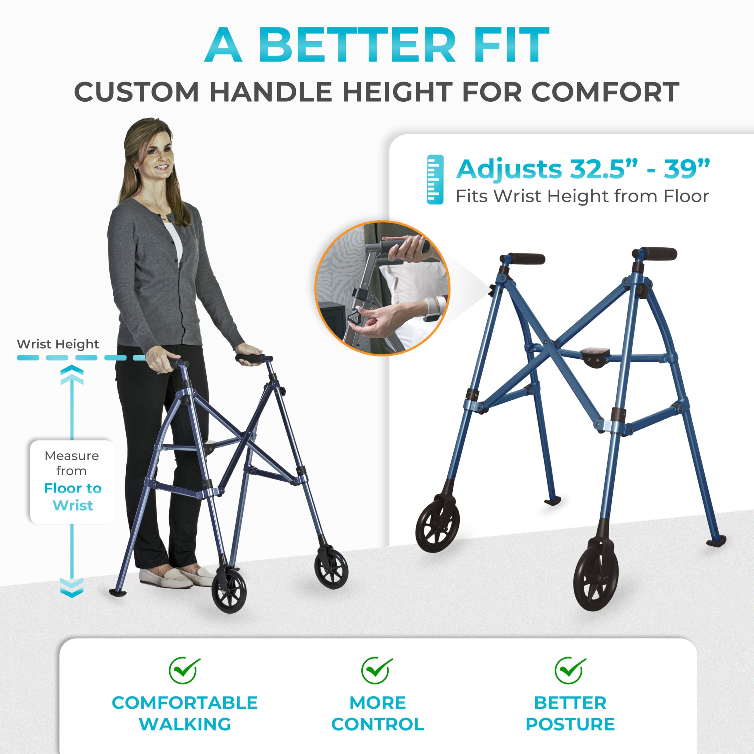 Stander Space Saver Walker, Lightweight Folding Rolling Mobility Aid for Seniors & Adults, Compact 2-Wheel Disability Device with 6-inch Wheels & Ski Glides for Walking Support, Cobalt Blue