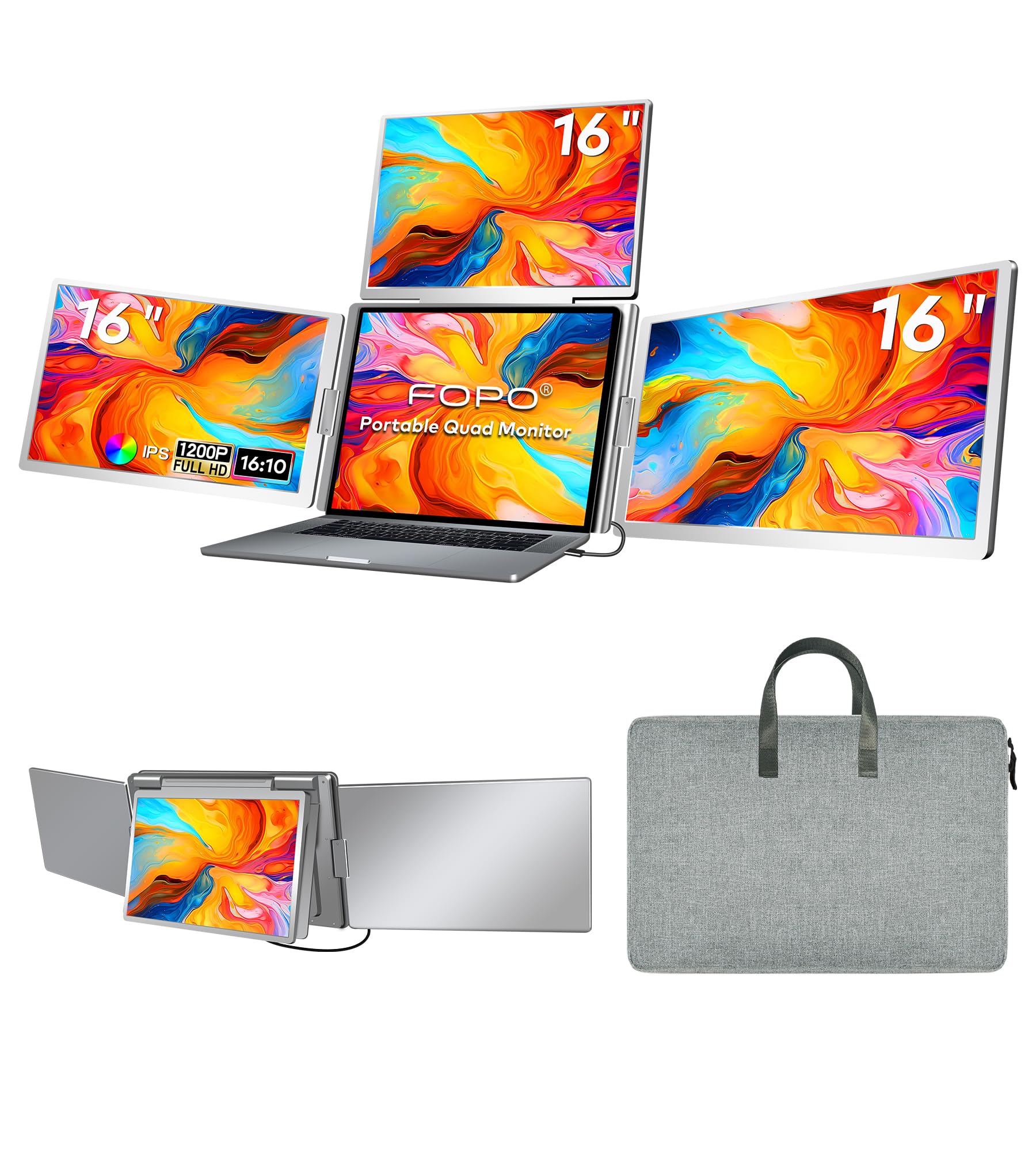 FOPO 16" Laptop Screen Extender Monitor Portable, Quad Monitor, Just 1 Cable for 3 Screens, FHD 1200P IPS Laptop Extender Compatible with Wins/Mac for 13.6" - 18.5" Laptops