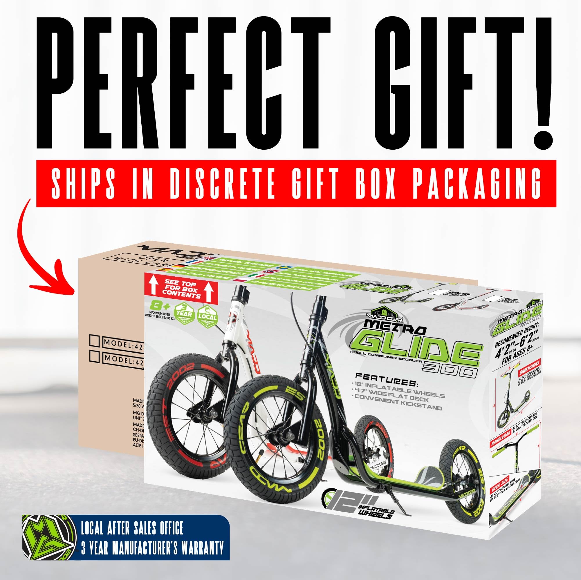 Large Kick Scooter for Adults, Teens & Kids 8-12 with Kickstand – 12" Air-Filled Tires, Wide Deck, Lightweight Steel Frame – Madd Gear Metro Glide 300 (Black Green)