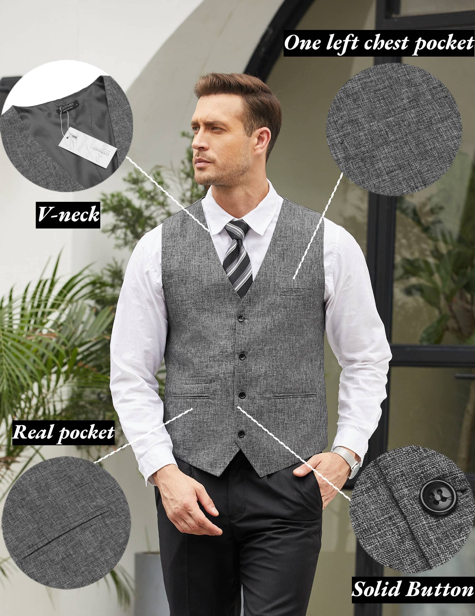 COOFANDY Men's Herringbone Tailored Waistcoat Single Breasted Classic Dress Vest Grey Large