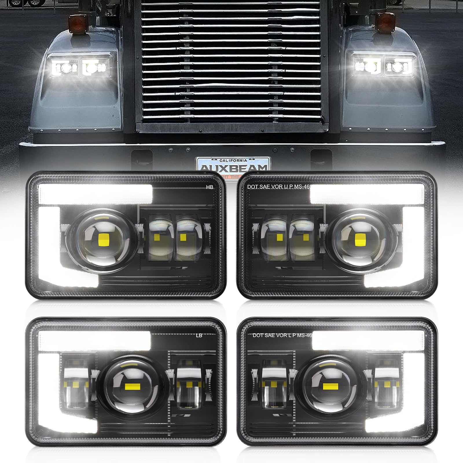 Auxbeam 4x6 LED Headlights with DRL Hi/Lo Beam Separately DOT Approved Rectangular Headlamps Replacement H4651 H4652 H4656 H4666 H6545 for Peterbil Kenworth Freightliner Ford Trucks, 4PCS Black