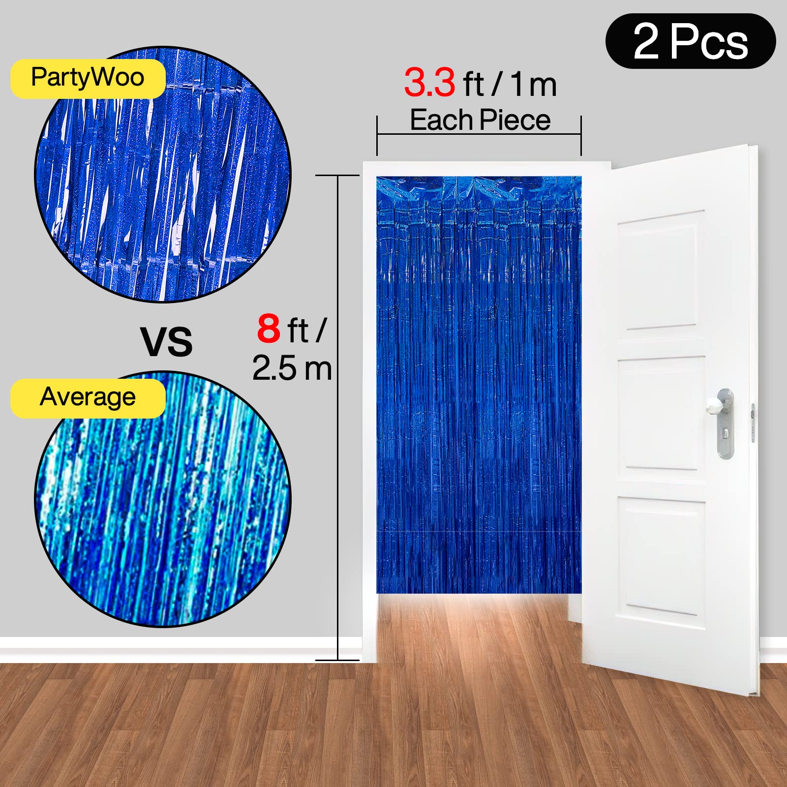 PartyWoo 2 pcs Royal Blue Foil Fringe Curtain, Metallic Foil Tinsel Fringe Backdrop Door Fringe for Birthday Wedding Party Photo Backdrop, Blue Streamers Party Decorations