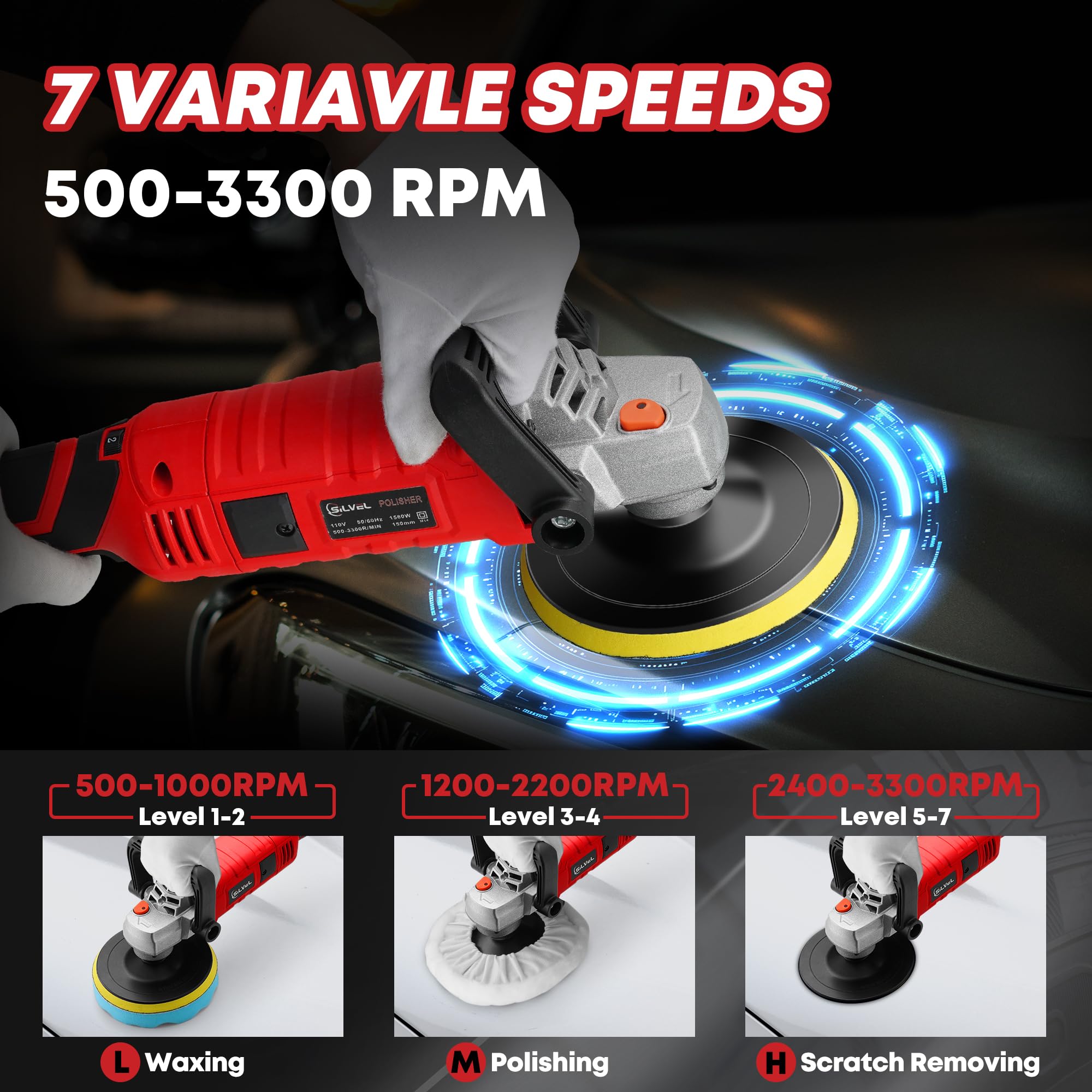 SILVEL Buffer Polisher, 1600W 7 Inch/6 Inch Polisher for Car Detailing, Wax Machine, 7 Variable Speed, with 6 Foam Pads, 3 Wool Pads, Packaging Bag, for Boat Polishing and Waxing