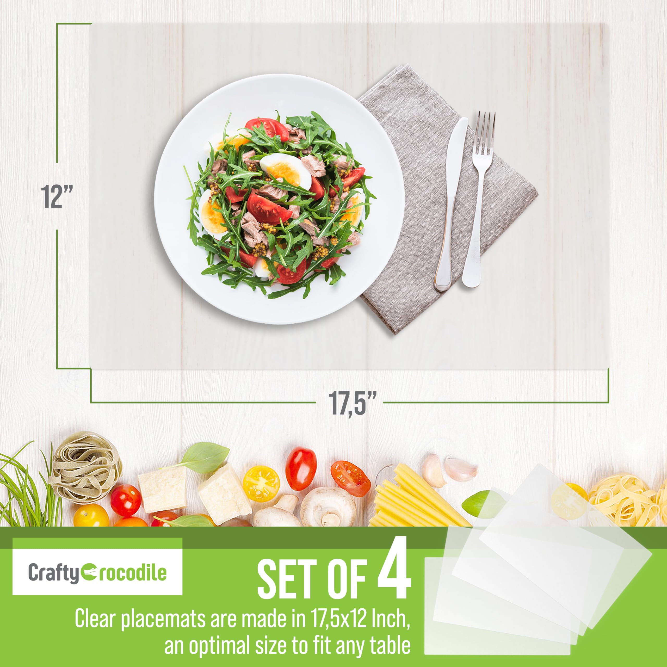 CraftyCrocodile Clear Plastic Placemats Set of 4 - Vinyl Table Protector for Dining, Kitchen, Office, Painting Table, Shelves - Heat Resistant, Crystal Clear, Wipeable Place Mats - 17.5x12