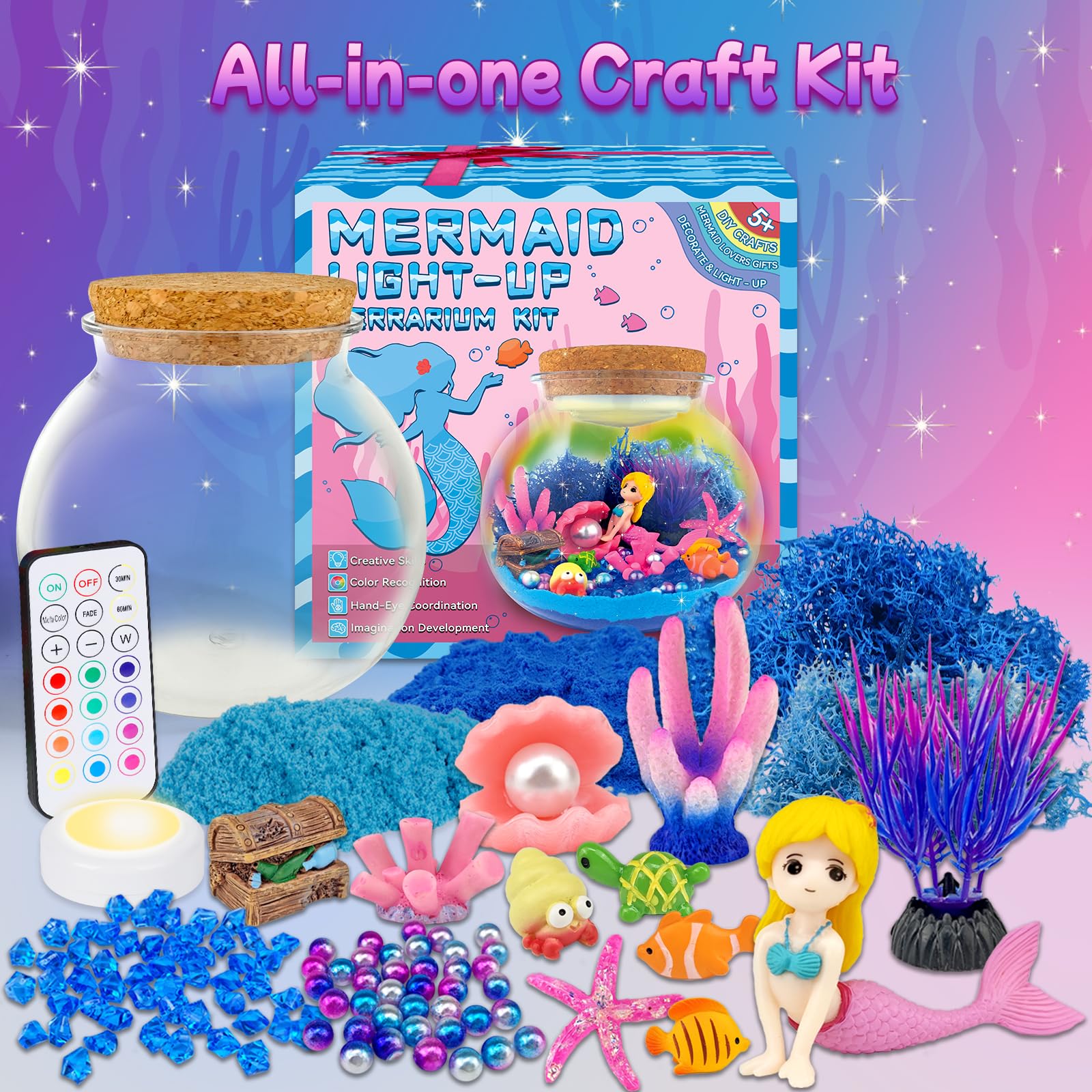 Mermaid Terrarium Craft Kit for Kids - LED Night Light Up & Remote Mermaid Birthday Gifts Toys for Girls Age 5 6 7 8 9 10 11 12 Year Old