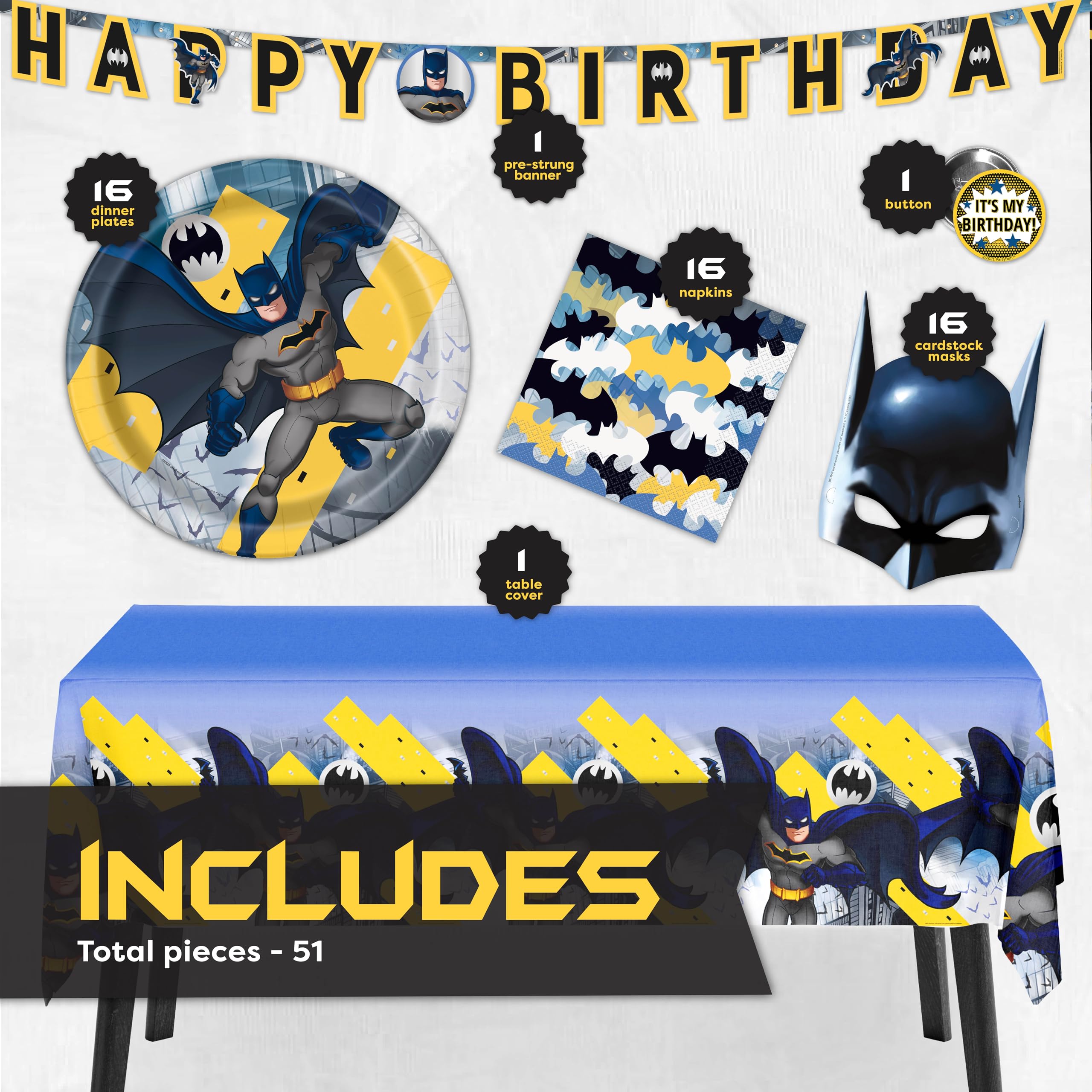 Unique Batman Birthday Party Supplies | Batman Party Decorations | With Banner, Table Cover, Masks, Plates, Napkins, Button | For 16 Guests