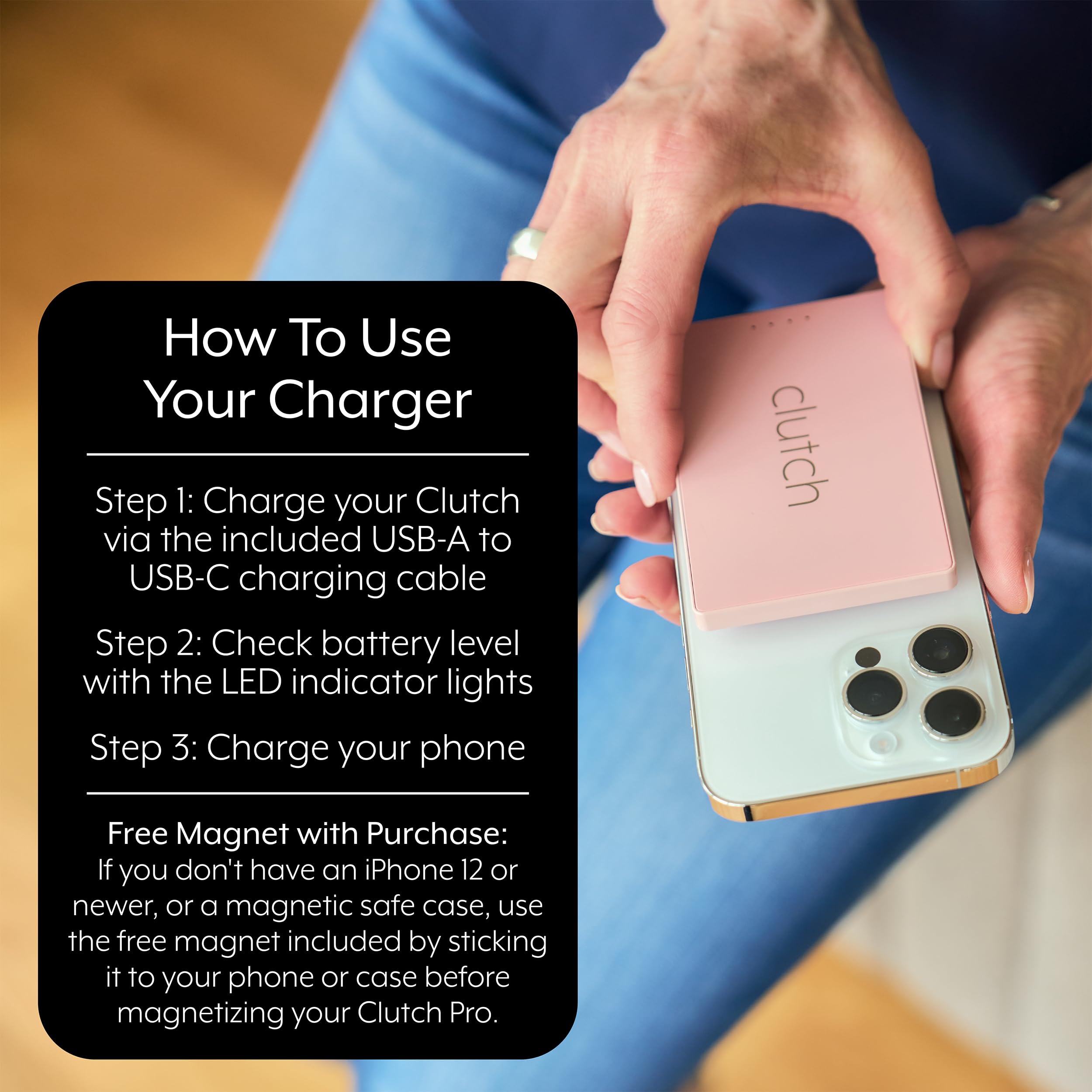 Clutch - Pro USB-C Portable Charger - Compatible with iPhone 15 & Android Devices - Power Bank Magnetic Battery - TSA Travel Approved - USB Rechargeable - Built-in Cable - 5000 mAh - 3.7oz - Pink