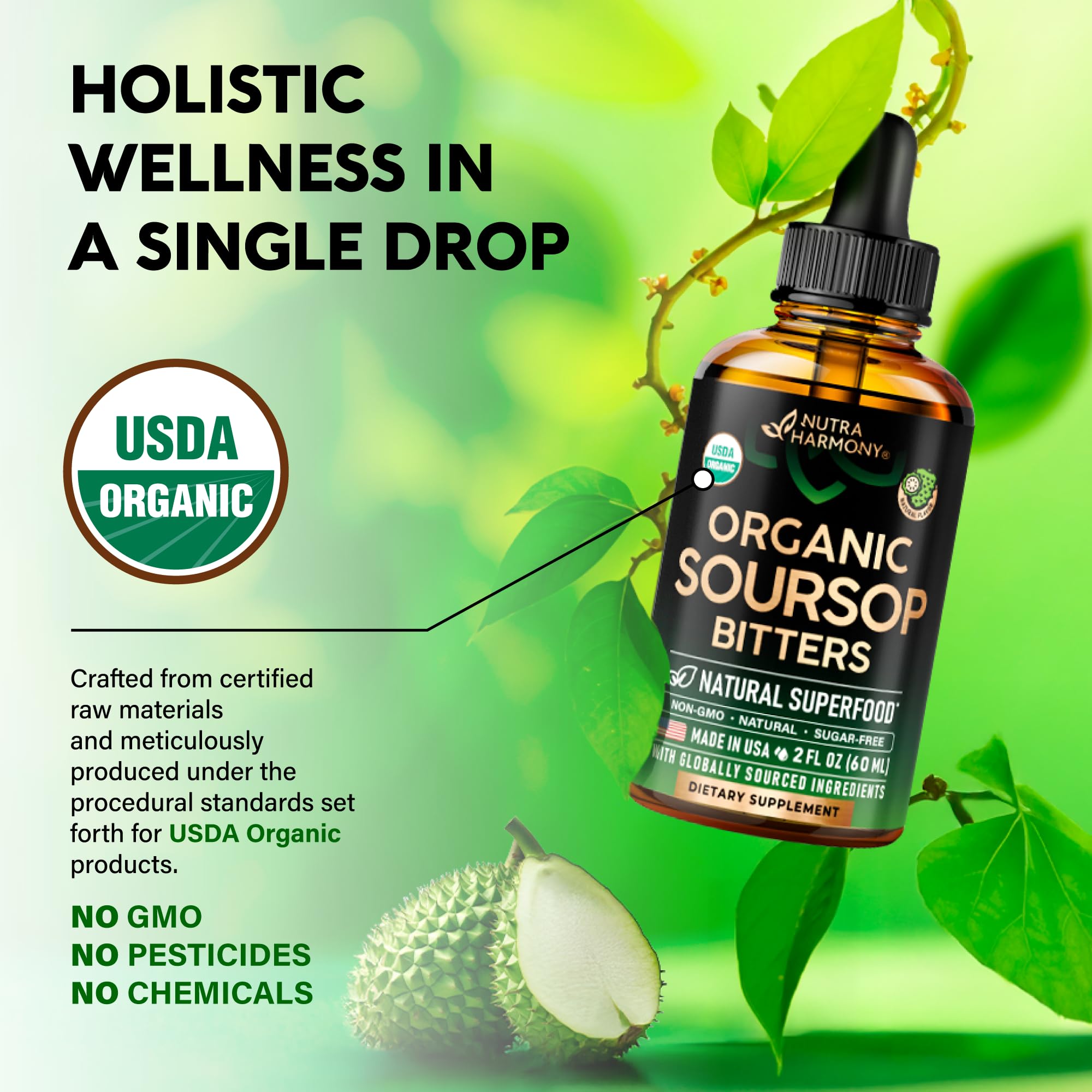 USDA Organic Soursop - Soursop Bitters Liquid - Graviola Fruit Extract - Antioxidant for Digestion & Detox | Energy Boost & Immune Support - Sugar & Alcohol-Free, Natural Taste - Made in USA - 2 Fl Oz