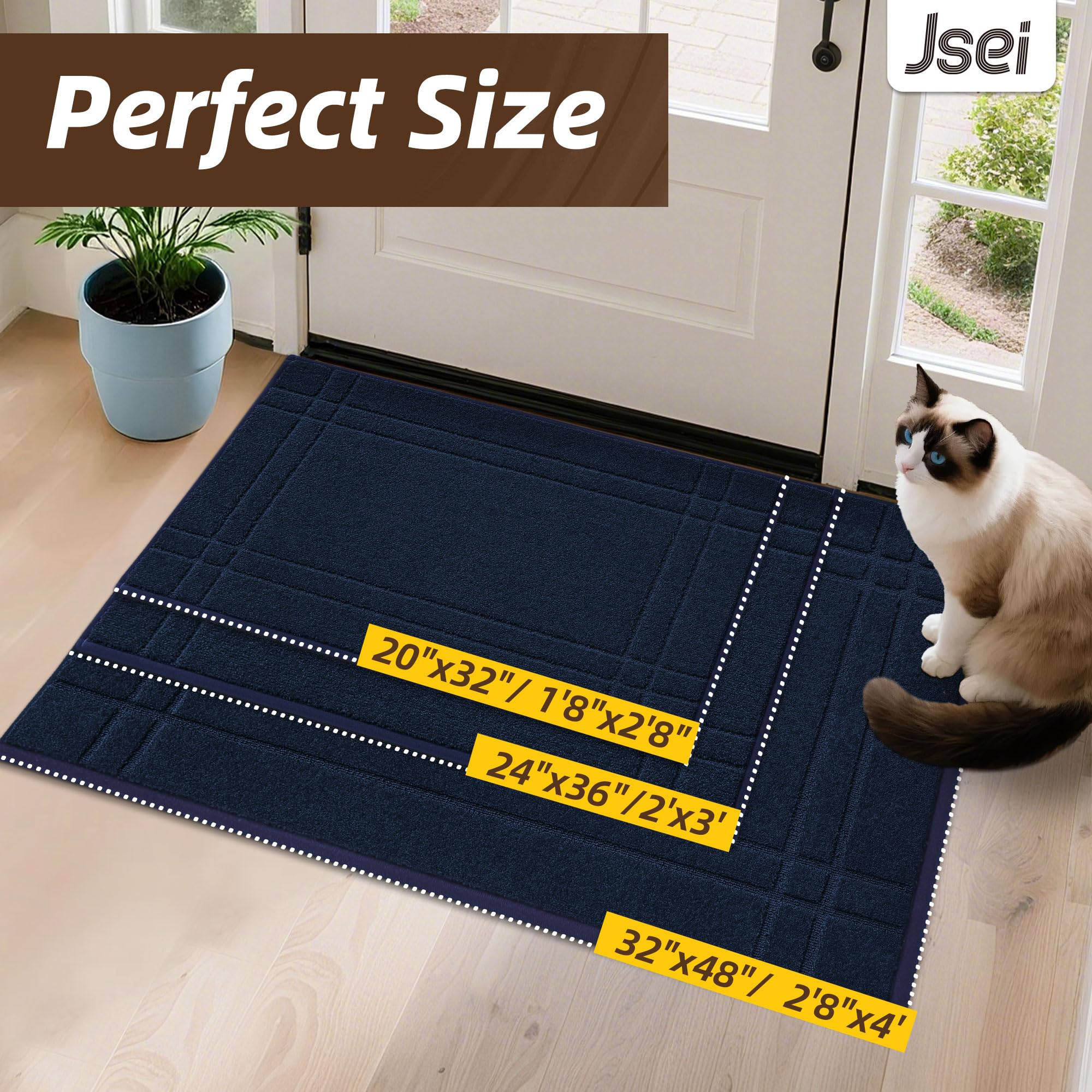 JSEI Entryway Rugs Doormat 20"x32", Non-Slip Dirt Trapper Door Mats Indoor, Washable Absorbent and Stain Resist Welcome Floor Mat for Front Door, Dog Door Mat, Muddy Wet Shoes & Paws, Navy Blue