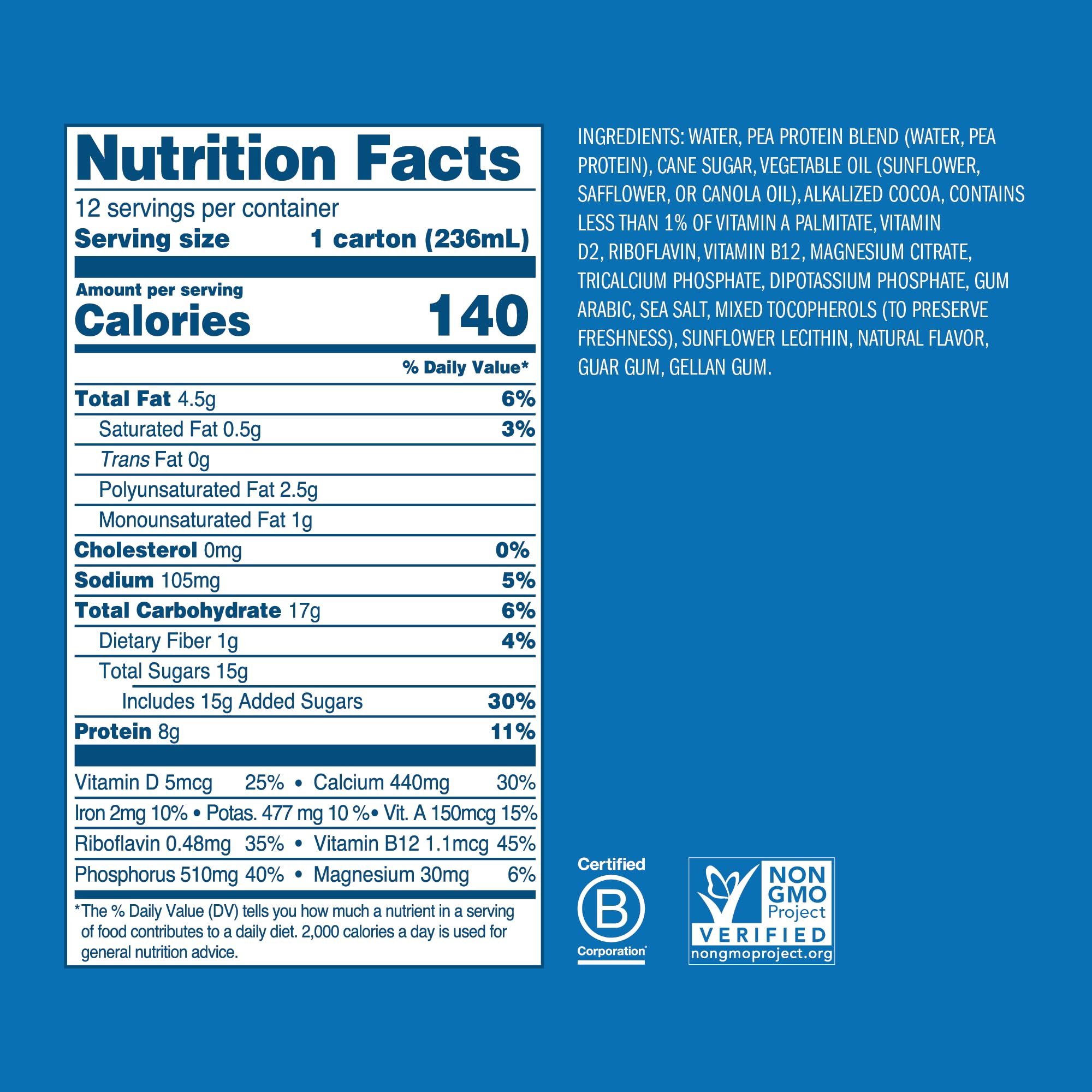 Ripple Non-Dairy Milk, Chocolate| Vegan Milk With 8g Pea Protein | Shelf Stable Single Serve Cartons | On-The-Go | Non-GMO, Plant Based, Gluten Free | 8 oz, 12 Pack