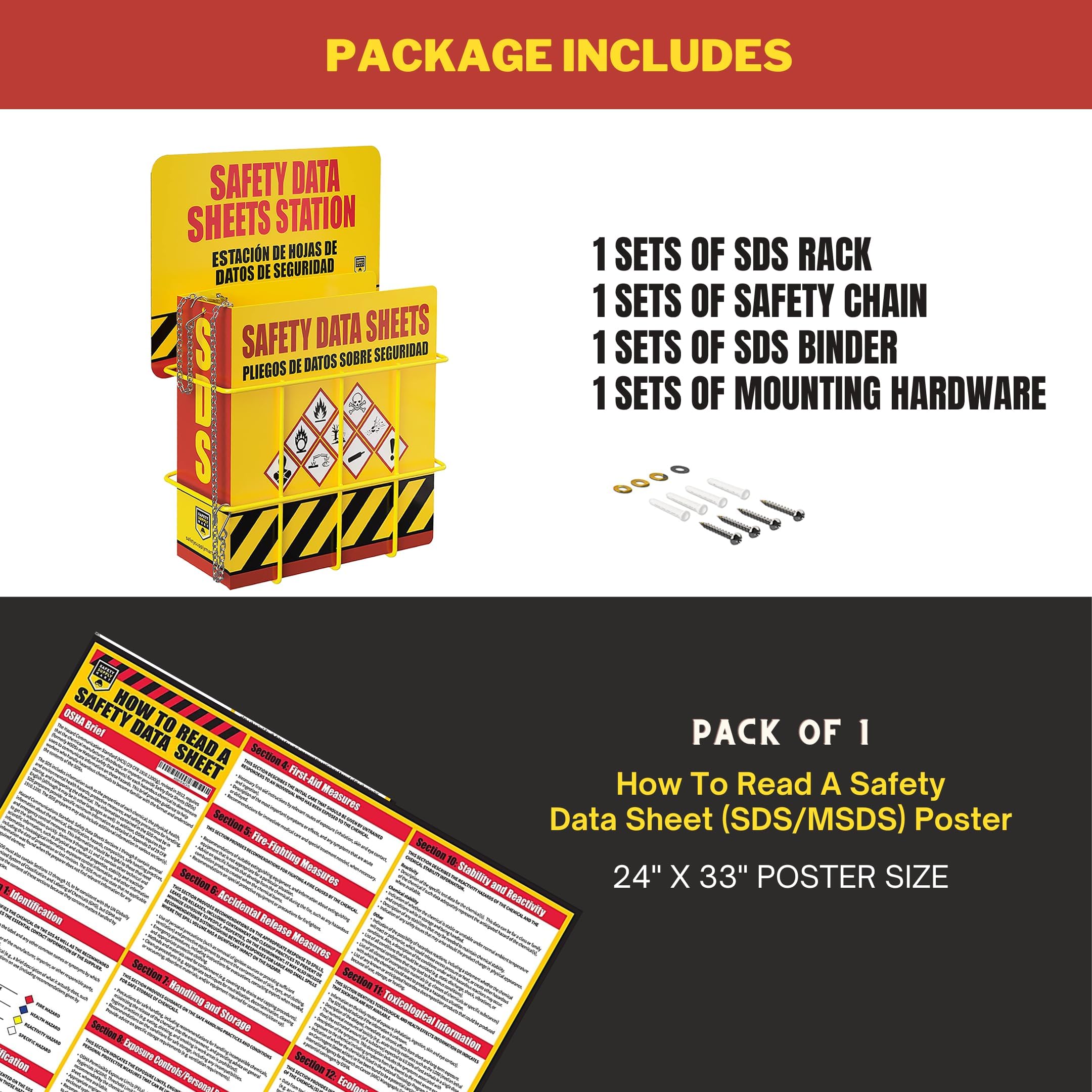 SDS Display Kit Rack Set with Heavy Duty 3 Inch Ring Binder, Wire Rack, SDS Station Sign, Chain, Mounting Hardware & SDS Poster - Organize Safely and Efficiently