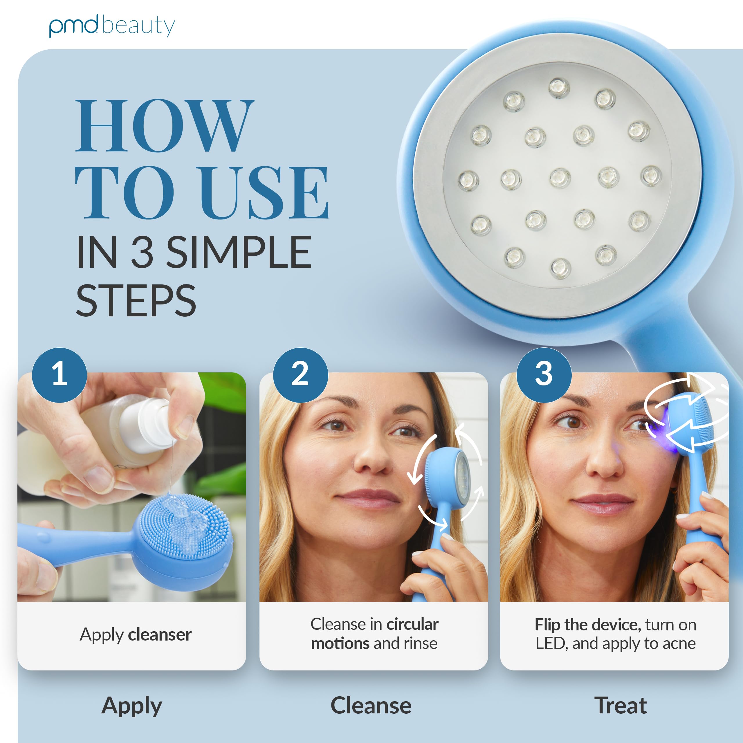 PMD Beauty Clean, Acne, and Redvolution - Electric Facial Cleansing Brush, Smart Facial Device with Silicone Brush & Anti-Aging Massager, Red and Blue LED Light