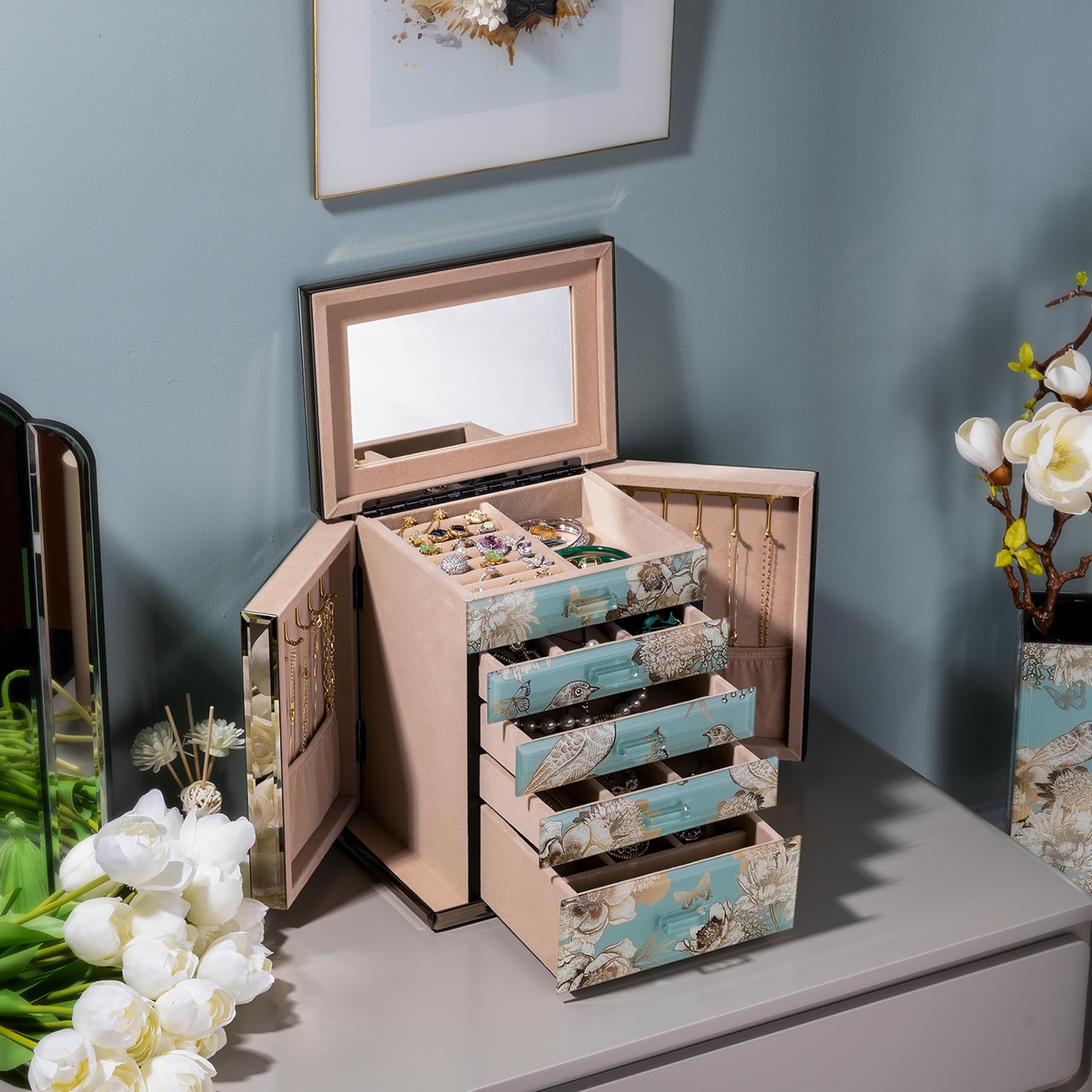 Homruilink High End Glass Jewelry Box, 5 Layer Jewelry Organizer for Women, Side Doors & Mirror, Velvet-Lined Storage for Rings & Necklaces, Fathers Day Gift for Dad (Bird & Floral)