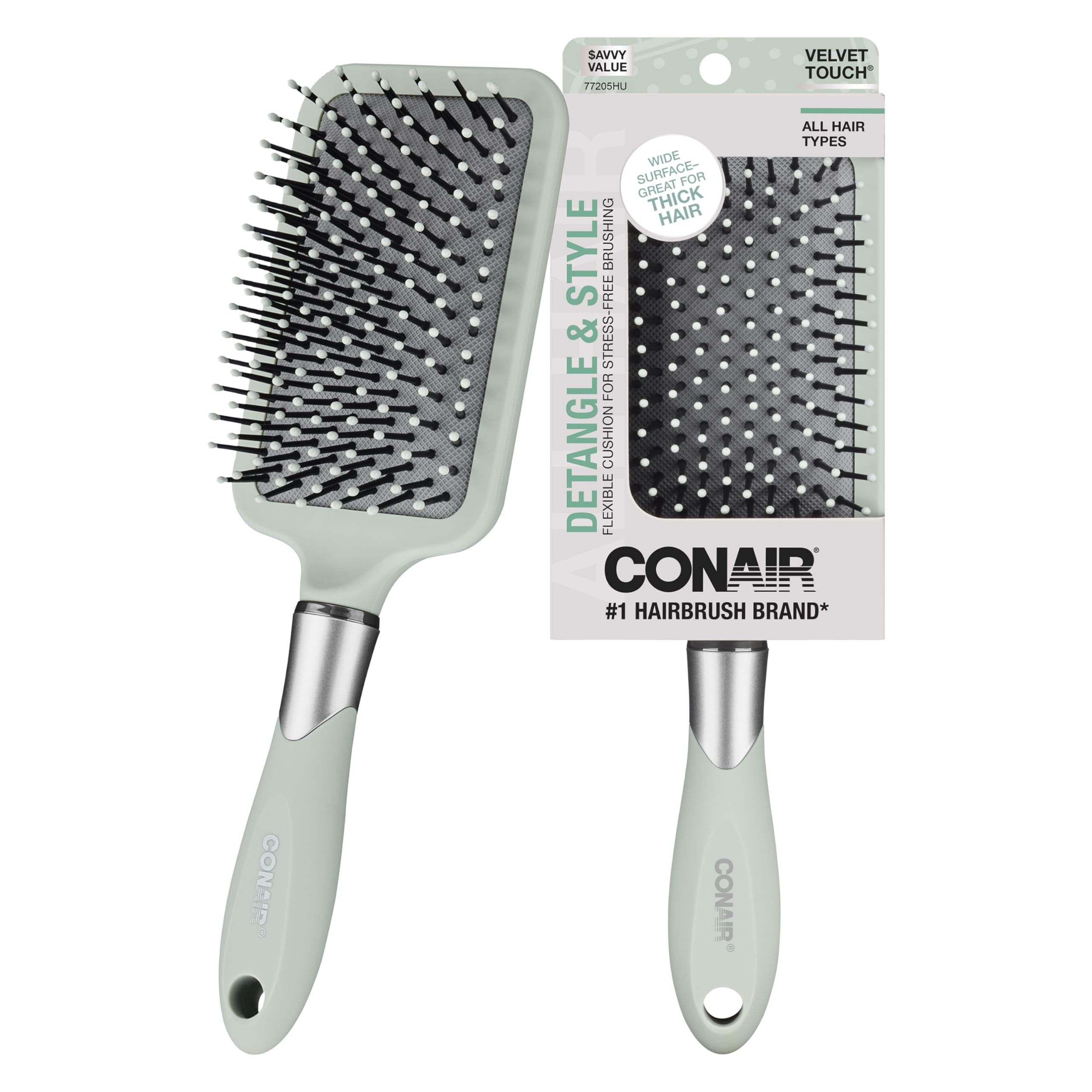 Conair Velvet Touch Paddle Cushion hair brush - Detangling hairbrush - curly or straight styles - men or women - detangler - features soft touch handle - Sage Green