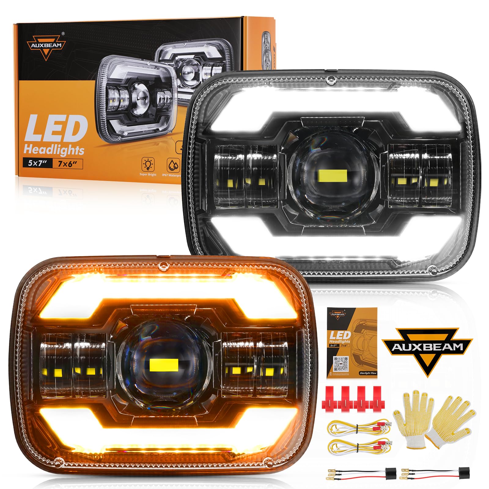 Auxbeam 12000LM Bright 5x7 In Headlights, 7x6 Led Headlights with DRL Turn Signal High Low Beam, Compatible with Jeep Cherokee XJ Wrangler YJ Ford Chevrolet, H6054 H5054 Headlights DOT Approved, Black