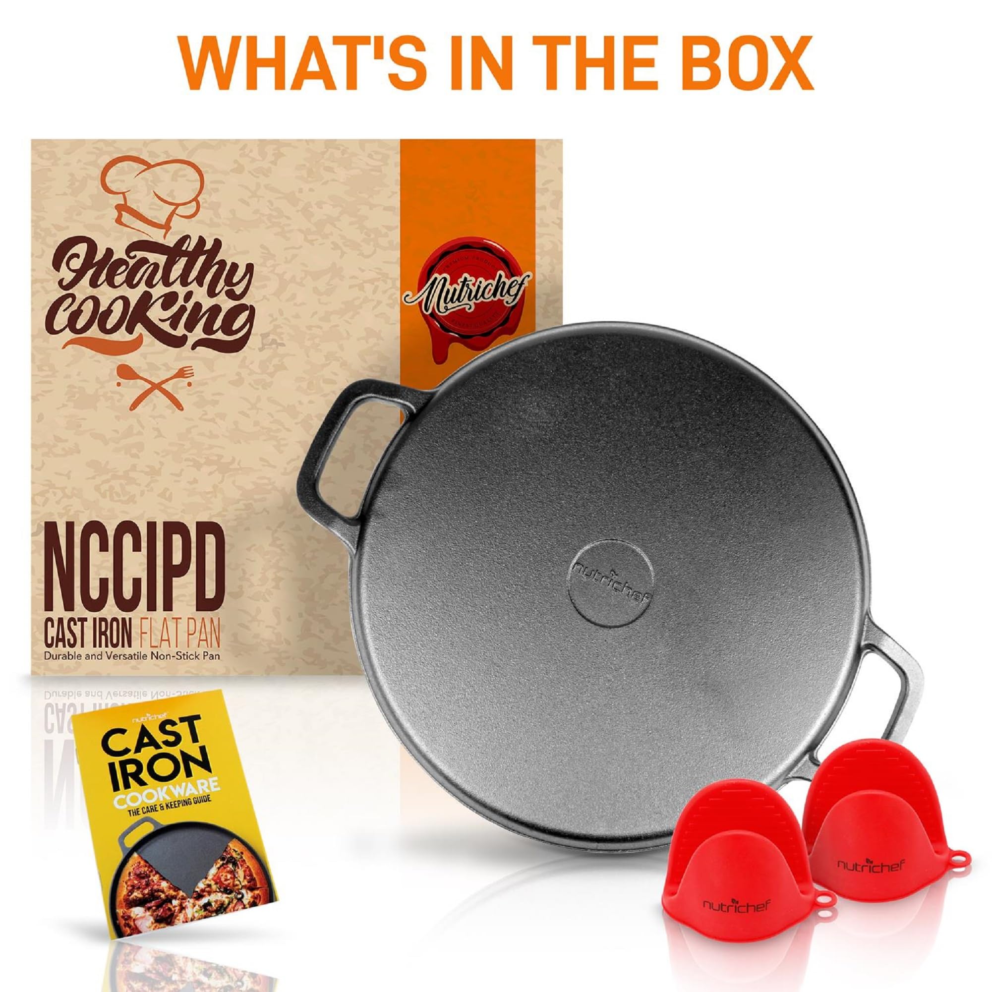 NutriChef 13-Inch Flat Cast Iron Pizza Pan - Versatile Pre-Seasoned Round Cooking Griddle w/ Built-In Handles for Oven, Grill, Stove, and Campfires