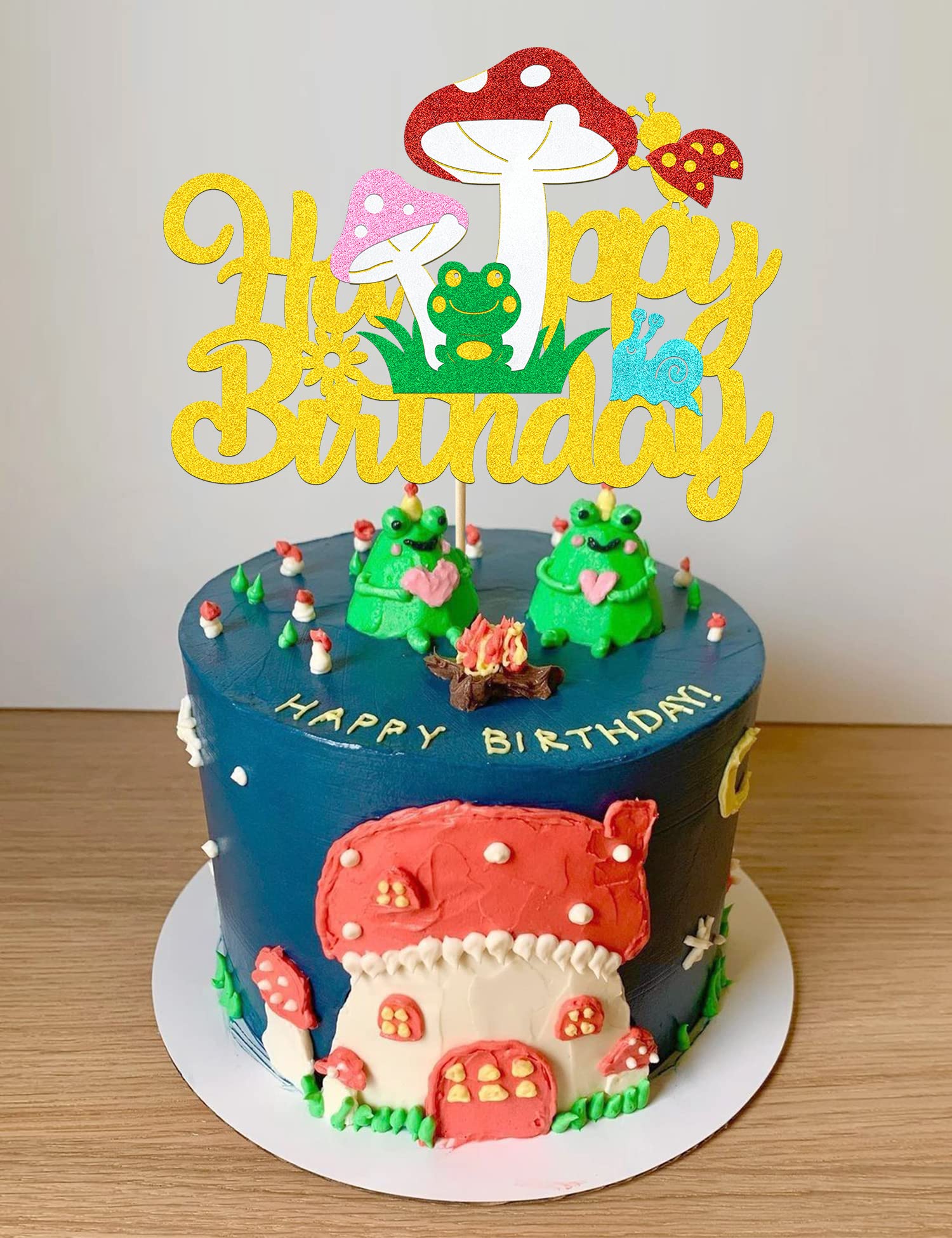 Mushroom Cake Topper Mushroom Birthday Cake Toppers Decorations for Girls Boys Glitter Gold Mushroom Ladybug Frog Happy Birthday Decorations Theme Party Supplies