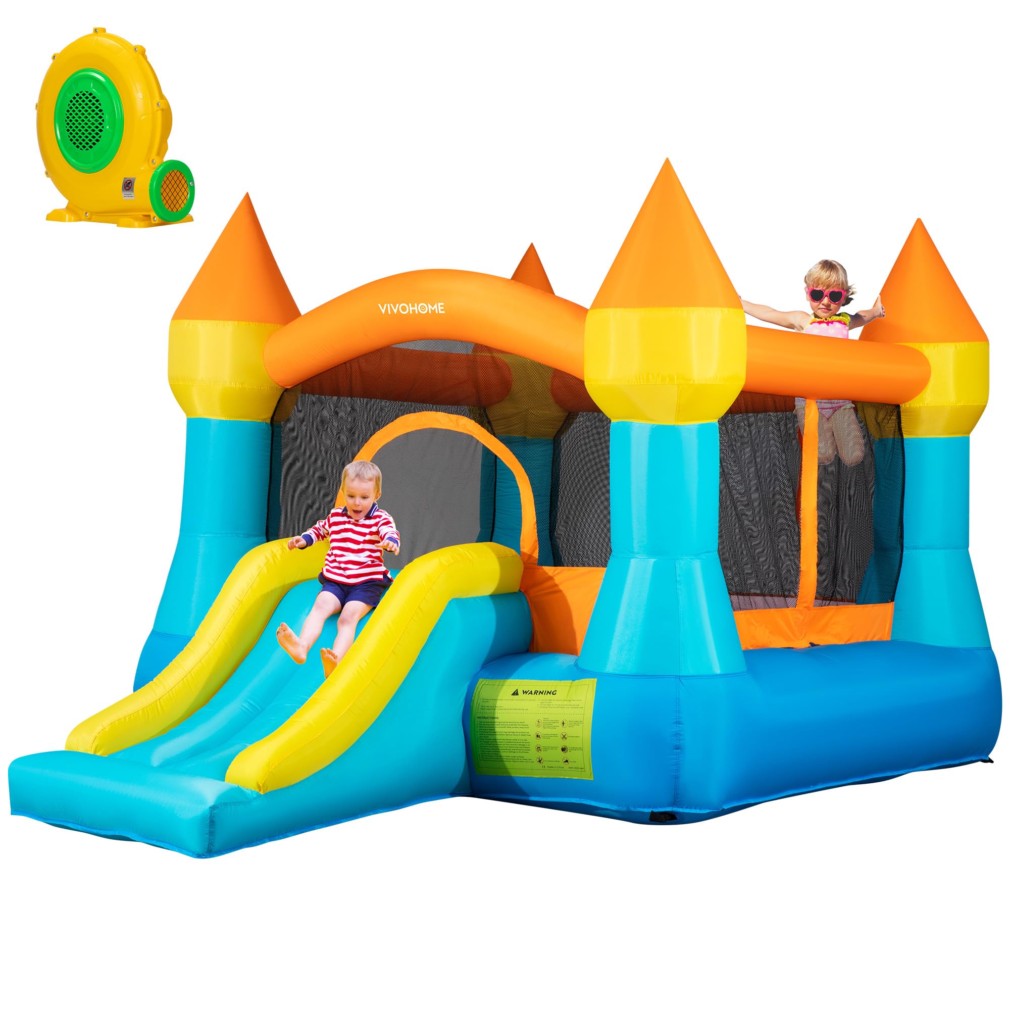 VIVOHOME Inflatable Bounce House for Kids, Big Inflated Jumping Bouncy Castle with Slide for Outdoor and Indoor, 370W Air Blower Included