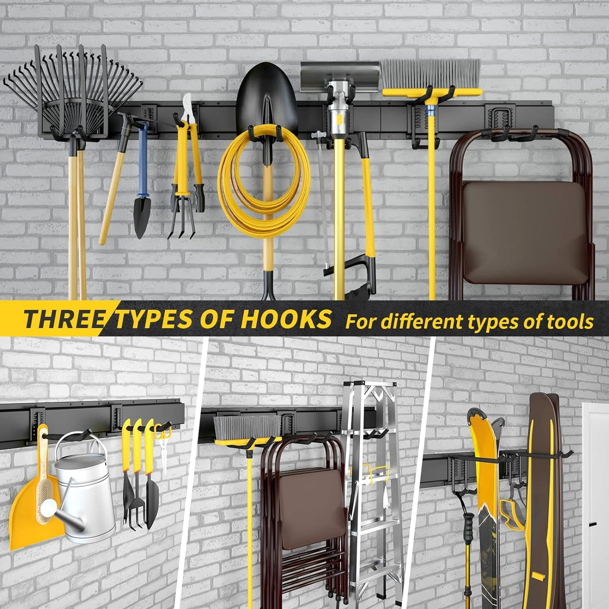 UUP Garage Storage, Garage Organization, Wall Mount Garden Tool Organizer 64 Inches, Max 620lbs Adjustable Metal Hooks, Yard Shed Rack, Tool Holder for Hanging Rake Broom Mop Snowboard, Home Gift