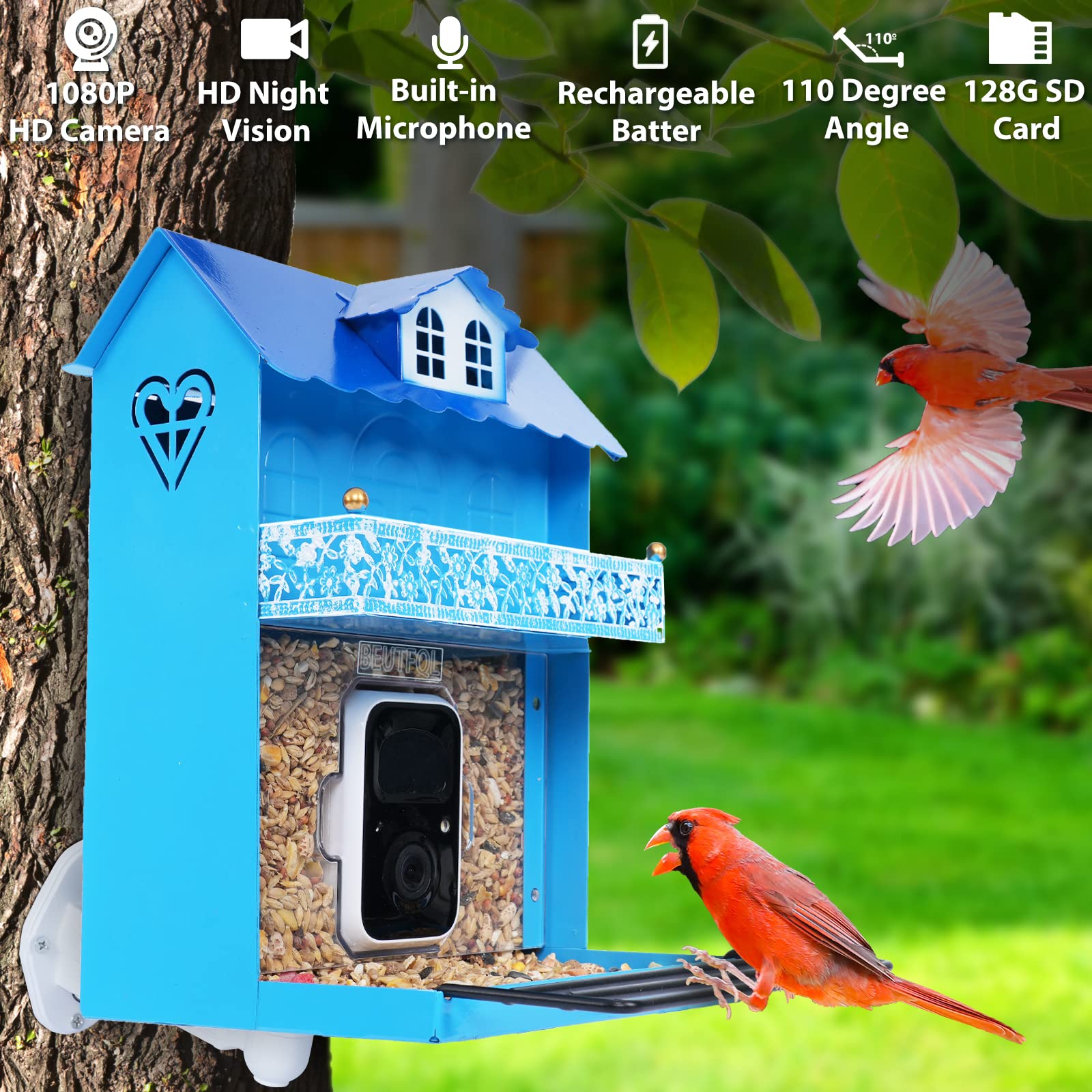 Smart Bird Feeder with Camera.Auto Capture Birds Videos & Bird Motion Detection,Wireless App Notification,Birdhouse Camera,Lifetime 32G Free Space.Idea Gift