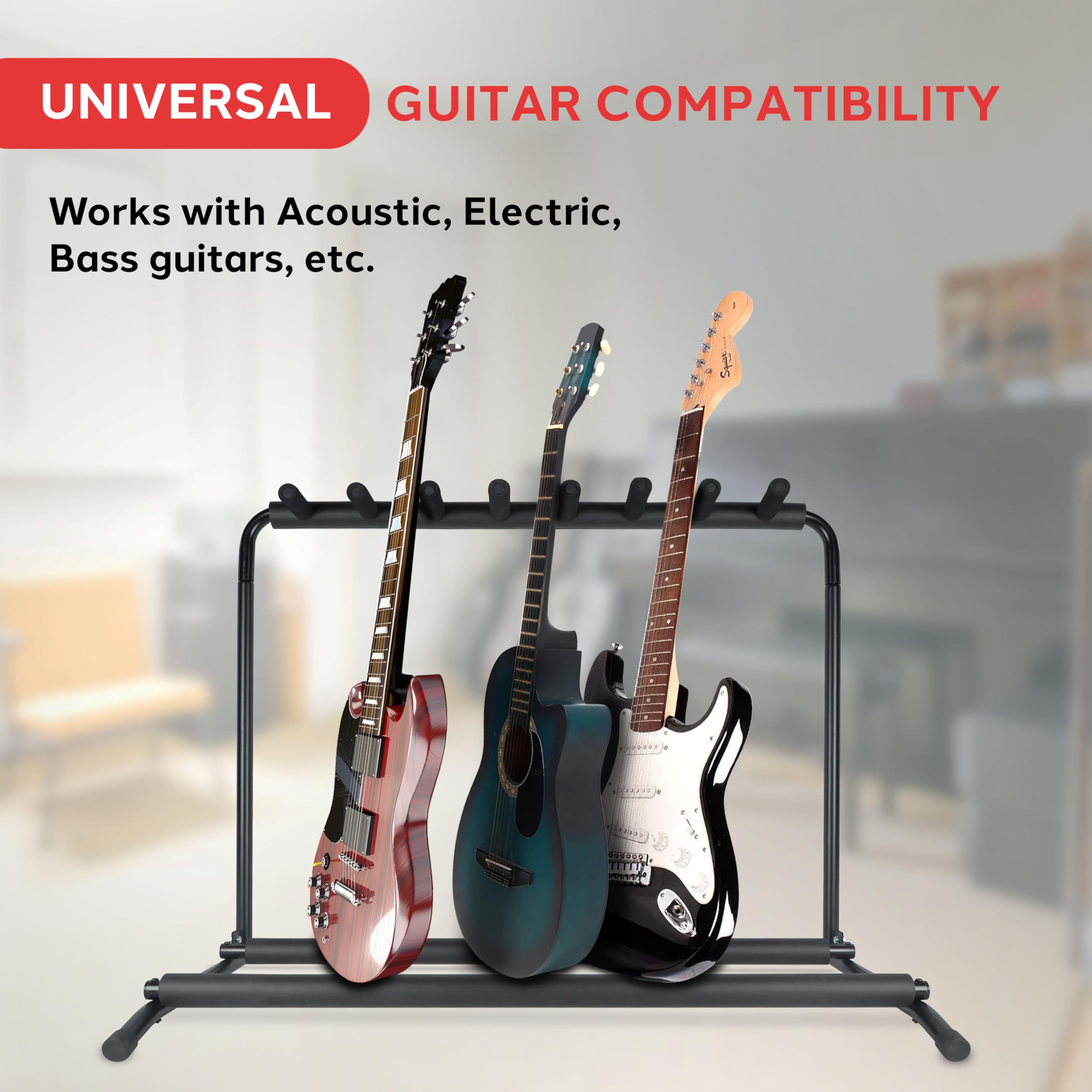 Pyle Multi-Guitar Stand 7 Slot Display Rack - Universal Framework Designed for Electric, Acoustic, Bass Guitars & Cases - Foldable, Portable, and Protective with No-Slip Non-Scratch Padding - Black