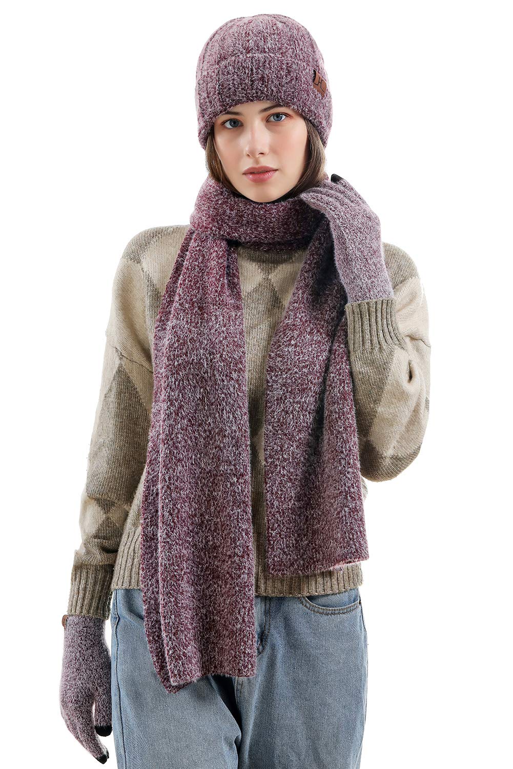 Womens Winter Warm Knit Beanie Hat Touchscreen Gloves Long Neck Scarf Set with Fleece Lined Skull Caps Gifts for Women