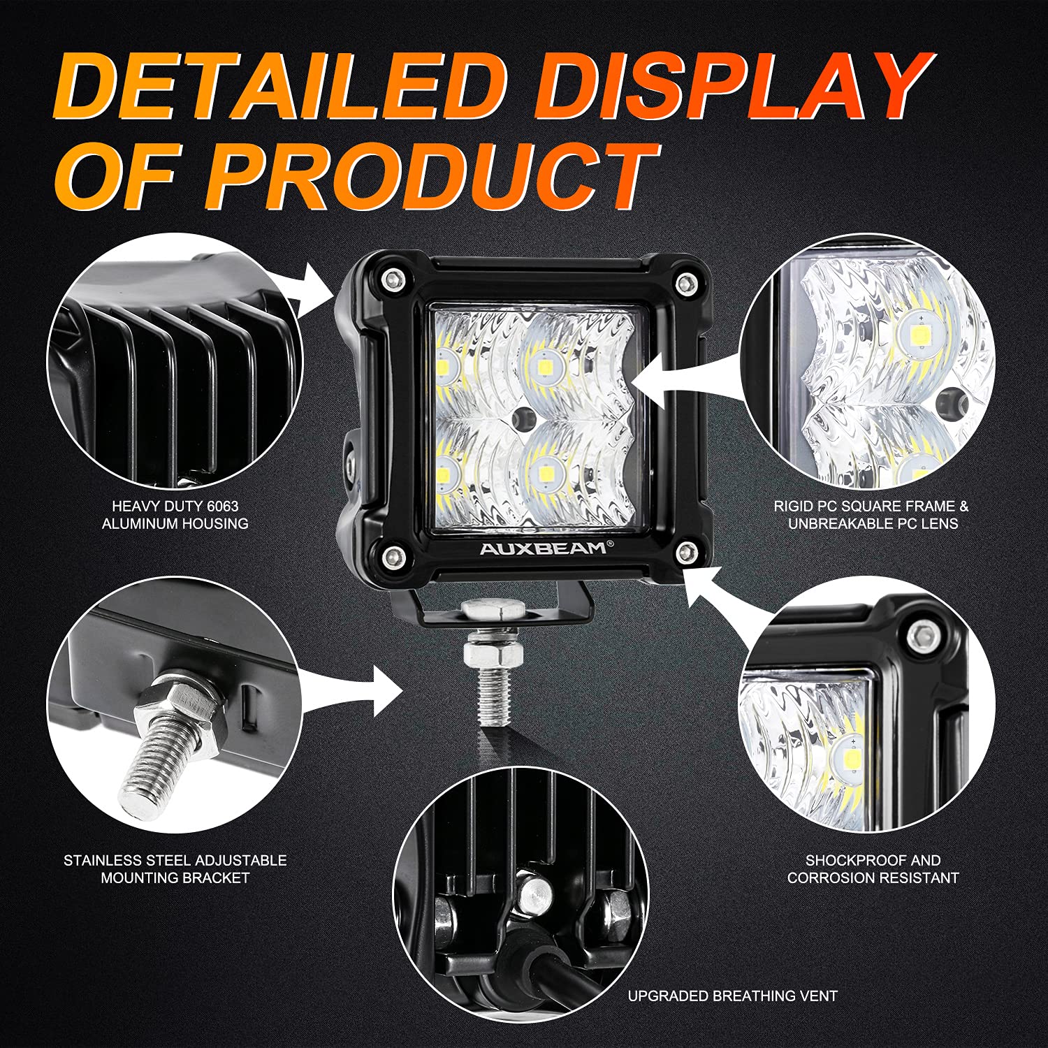 Auxbeam FA Series 3 Inch LED Pods Flood Beam 40W 4800LM Offroad Cube Light Bar Square Ditch Lights Backup Reverse for Trucks, ATVs, UTVs, Jeeps, Cars, Motorcycles, Pair