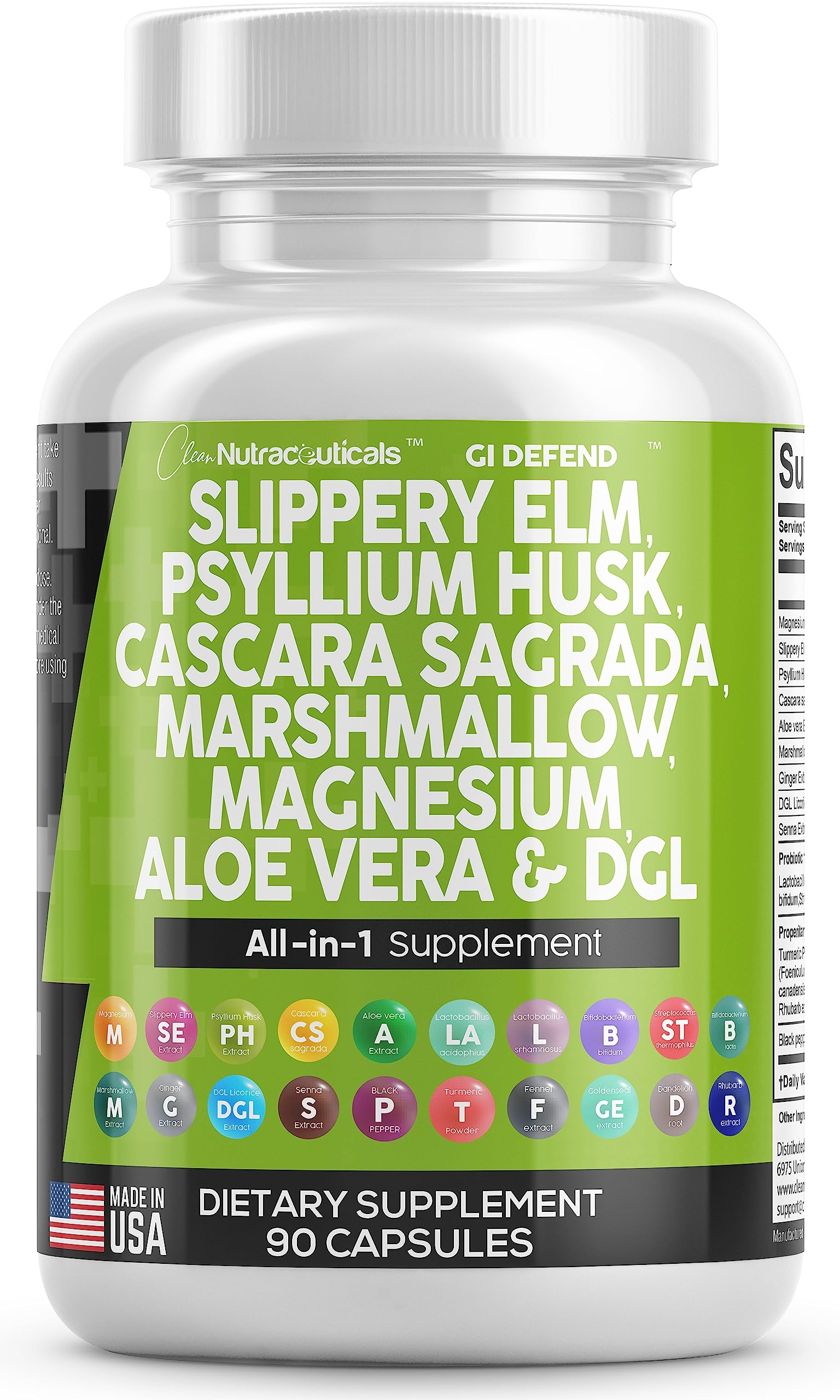 Clean Nutraceuticals Slippery Elm 5000mg Psyllium Husk 2000mg Pre Probiotic Digestive Gut Health Supplement with Aloe Vera Cascara Sagrada 2000mg Marshmallow Root DGL Licorice Senna Extract