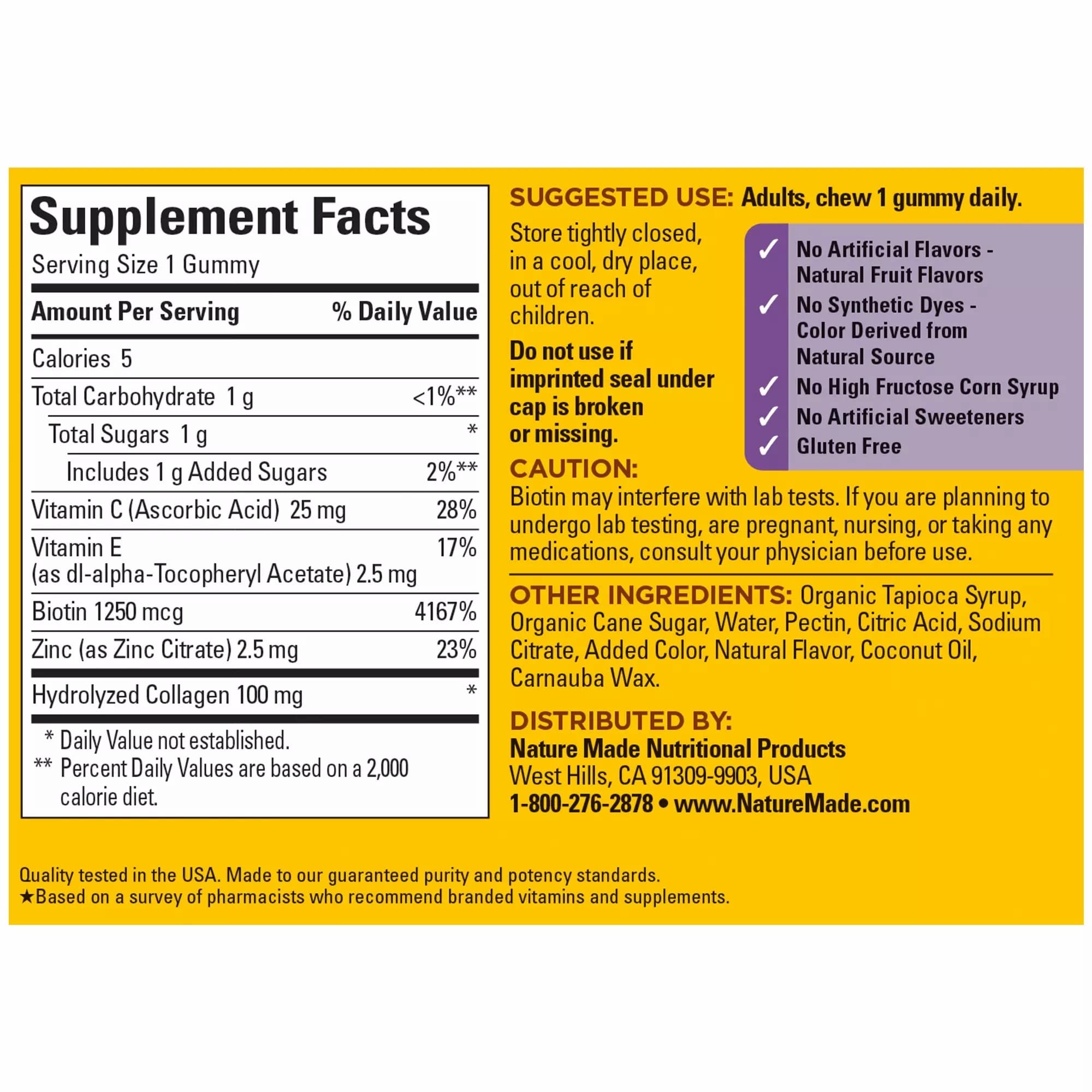 Nature Made Collagen Gummies with Vitamin C, Zinc and Biotin, Hydrolyzed Collagen Peptides Supplement for Healthy Skin Support, 60 Gummies, 60 Day Supply