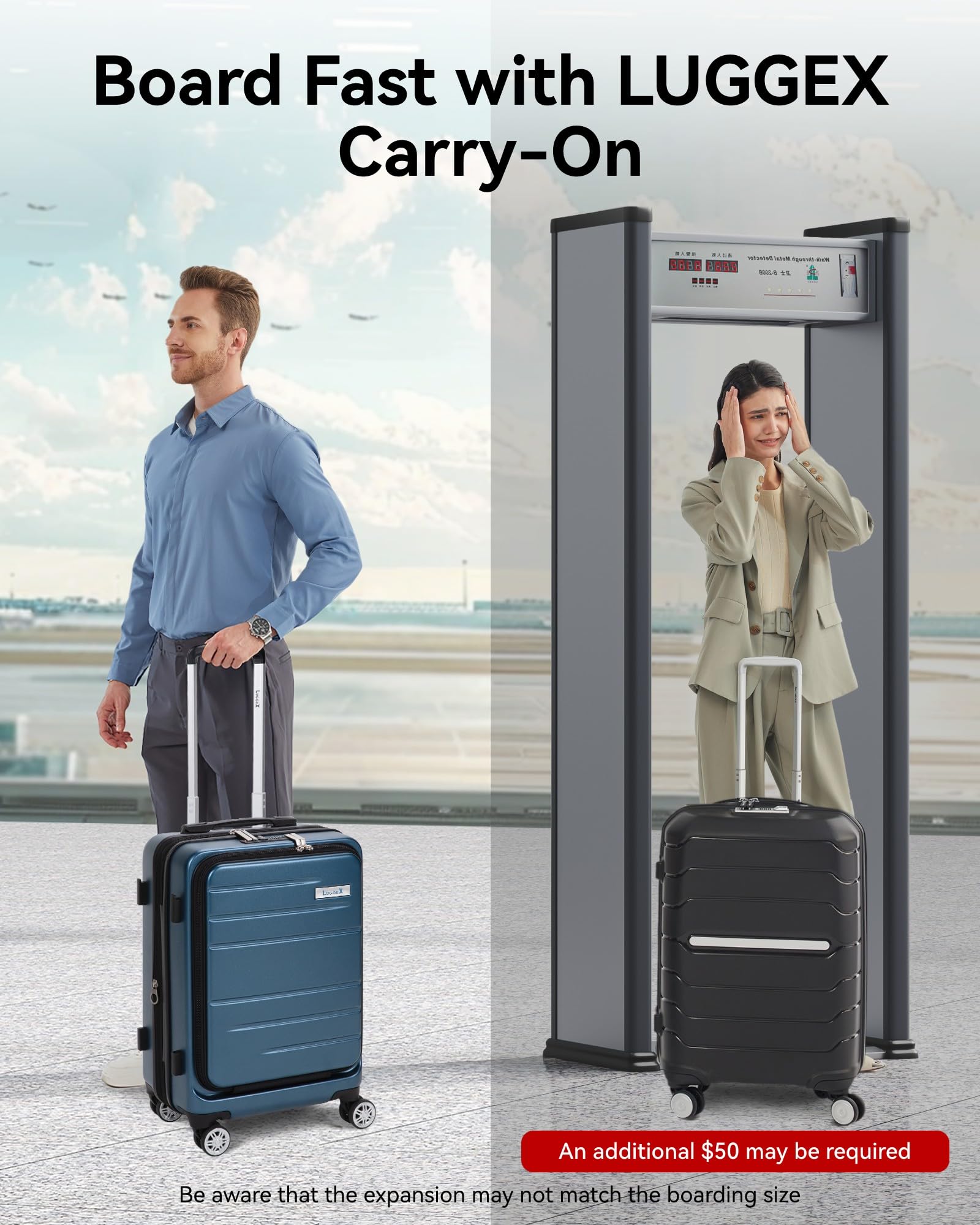 LUGGEX Carry On Luggage 22x14x9 Airline Approved, Expandable Polycarbonate Suitcase with Front Pocket and USB Port (Silver, 20 Inch, 36.1L)