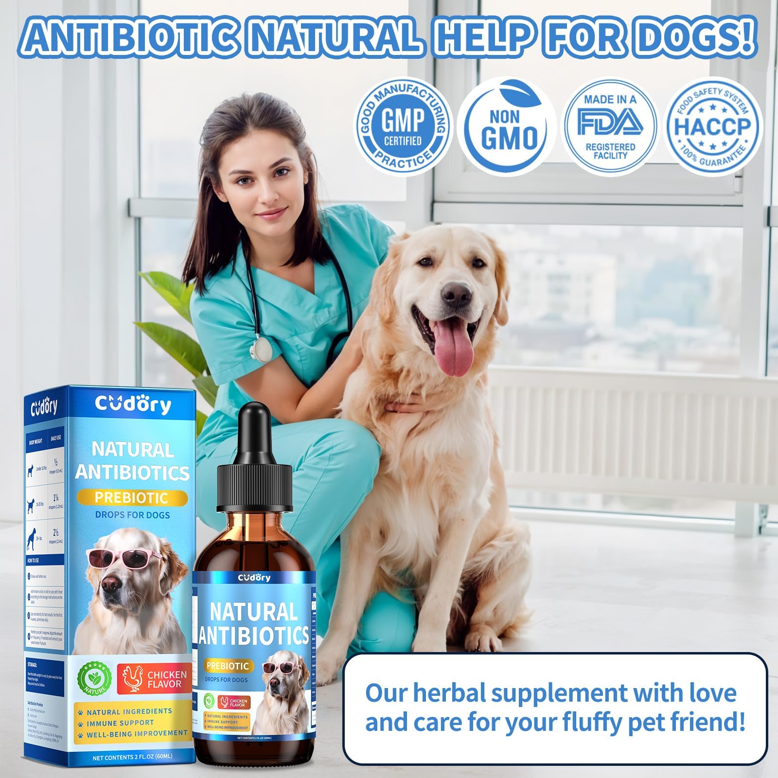 Natural Antibiotics for Dogs, Herbal Dog Antibiotics Supplement in Drops with Prebiotics, Natural Herbal Supports for Dogs Puppy All Breeds and Ages-Chicken Flavor | 2 fl oz