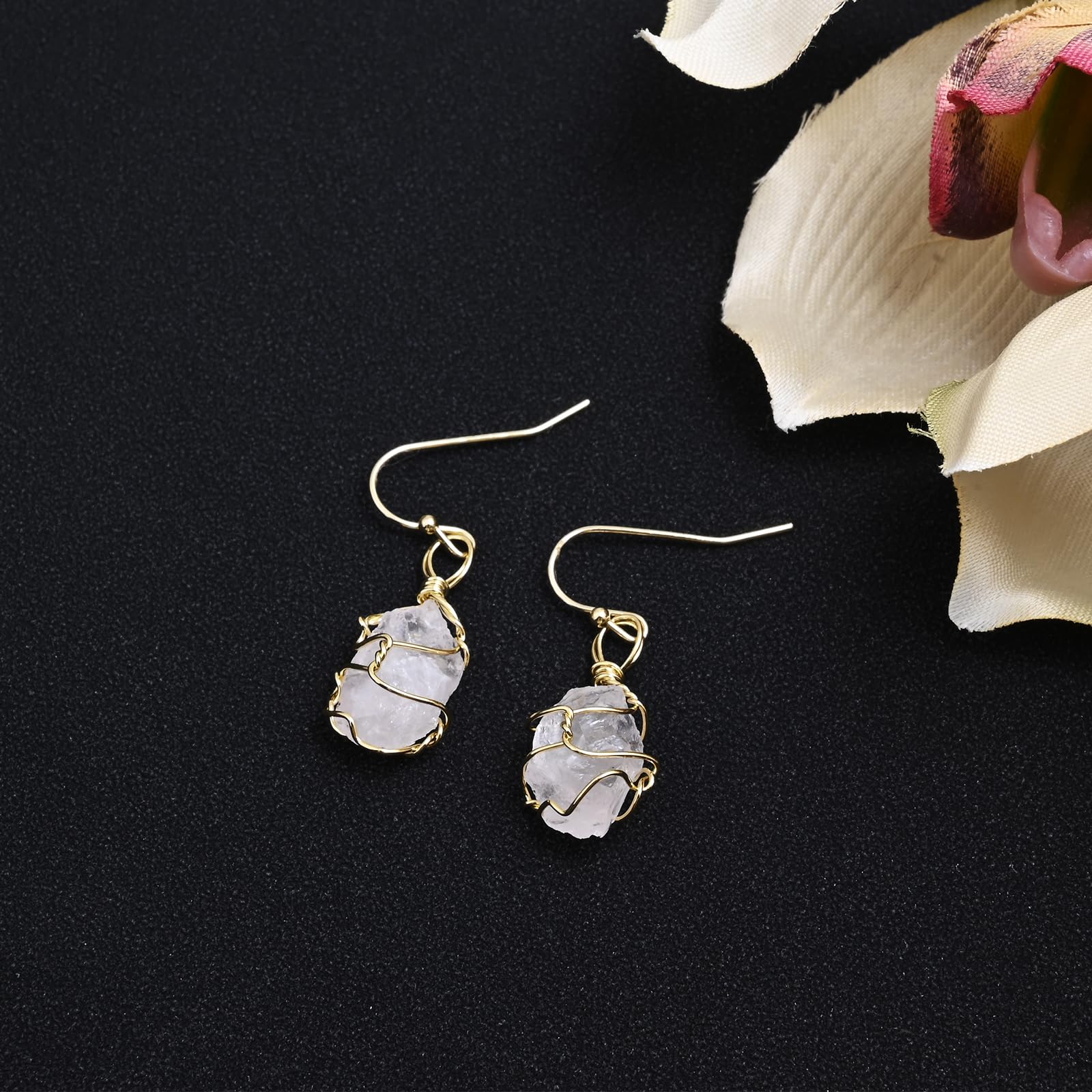 Light Pink Crystal Stone Dangle Earrings for Women Drop Handmade Earrings Rose Quartz Natural Stone Earrings Healing Crystal Earrings