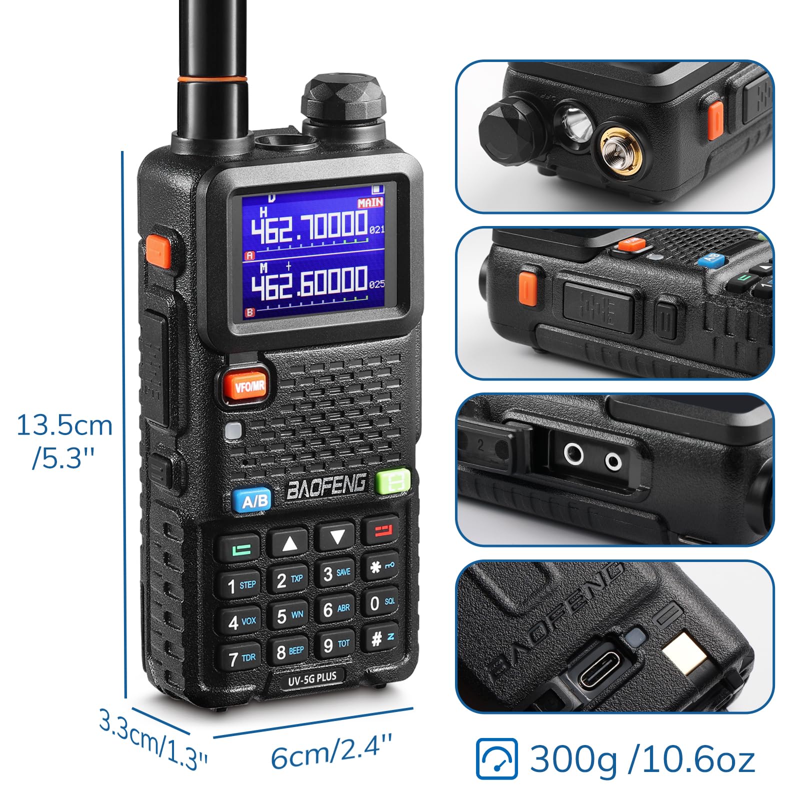 BAOFENG UV-5G Plus GMRS Handheld Radio, Long Rang Two Way Radio for Adult, 999 Channels, NOAA Receiver, with Two 2500mAh Batteries, 15.5" Antennas, Programming Cable, Chirp Compatible, 1 Pack