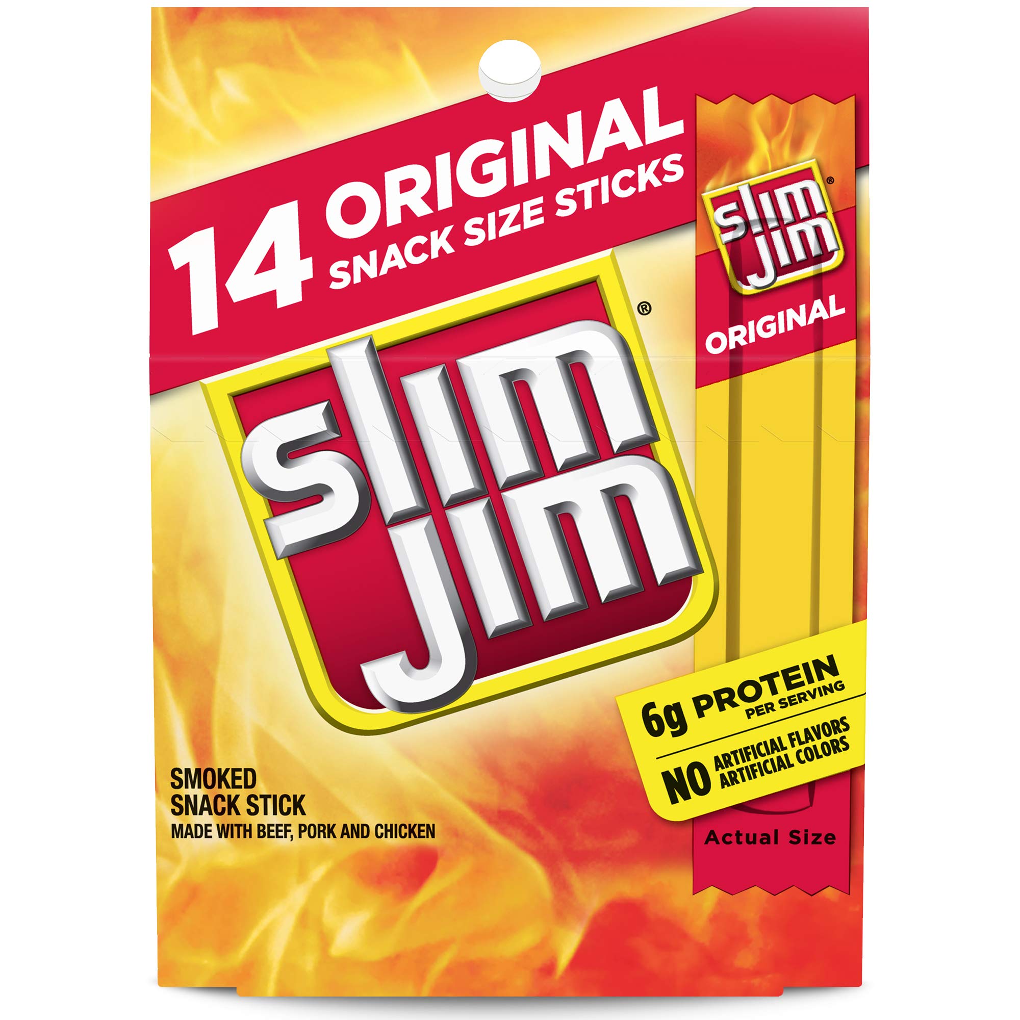 Slim Jim Smoked Meat Sticks, Original Flavor, 6g Protein Per Serving, Snack Size, Lunchbox Snack, 0.28 oz. (14 Count)