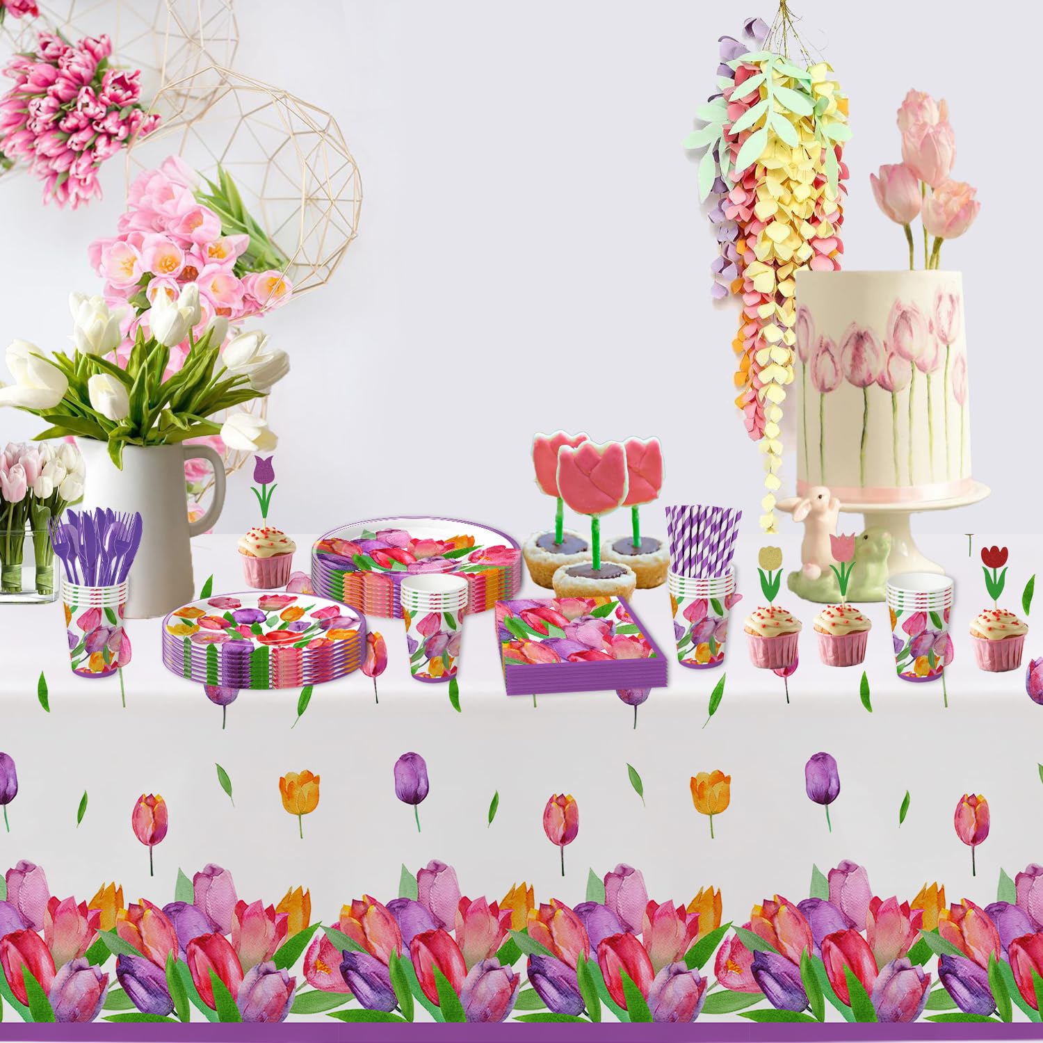 APOWBLS Tulip Floral Plates And Napkins Party Supplies, Tulip Flower Party Decorations Tableware, Plate, Cup, Napkin, Spring Summer Tulip Party Supplies For Birthday Baby Shower Tea Party | Serve 24
