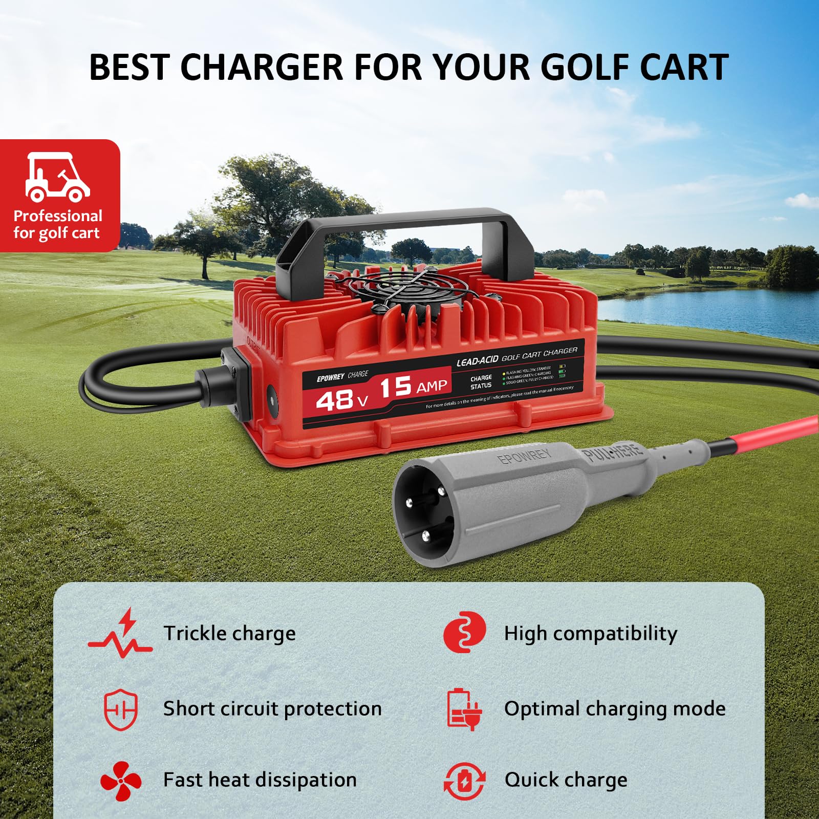EPOWREY 15 AMP 48 Volt Golf Carts Battery Charger for Club Car 3-Pin Round Plug