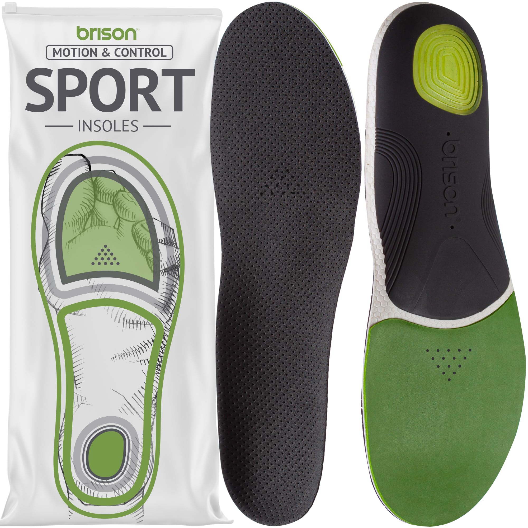Brison Sport Insoles for Men Women - Orthotic Support Inserts for Sneakers Athletic Football Basketball Baseball Socker Tennis Skateboard or Golf Shoes Men 8.5-10.5 Women 10-12