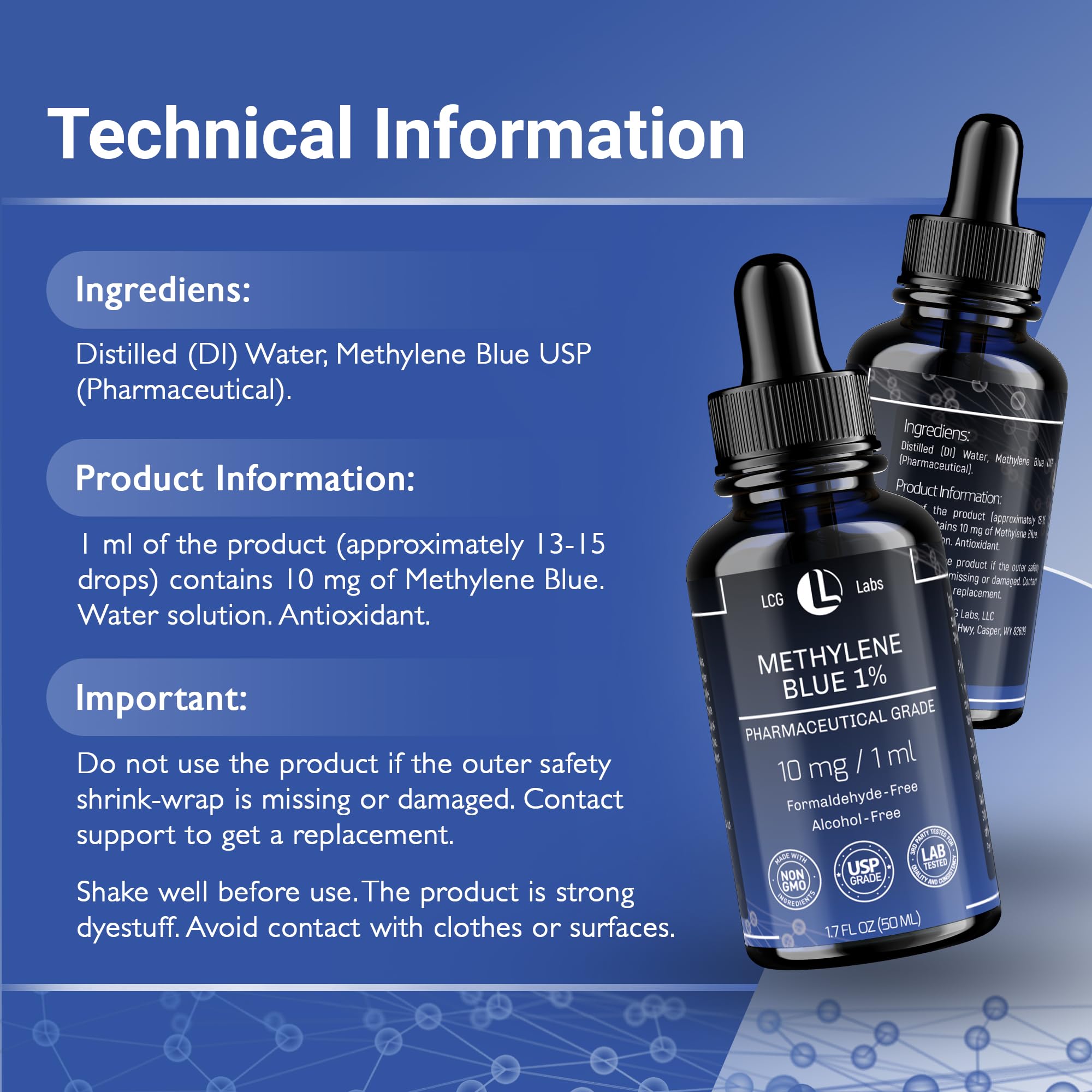LCG LABS Methylene Blue Pharmaceutical Grade - Methylene Blue 1% - Liquid Drops Aqueous Solution 10 mg / 1 ml - Third Party Tested - Formaldehyde & Alcohol-Free - Made in USA 1.7 Fl OZ