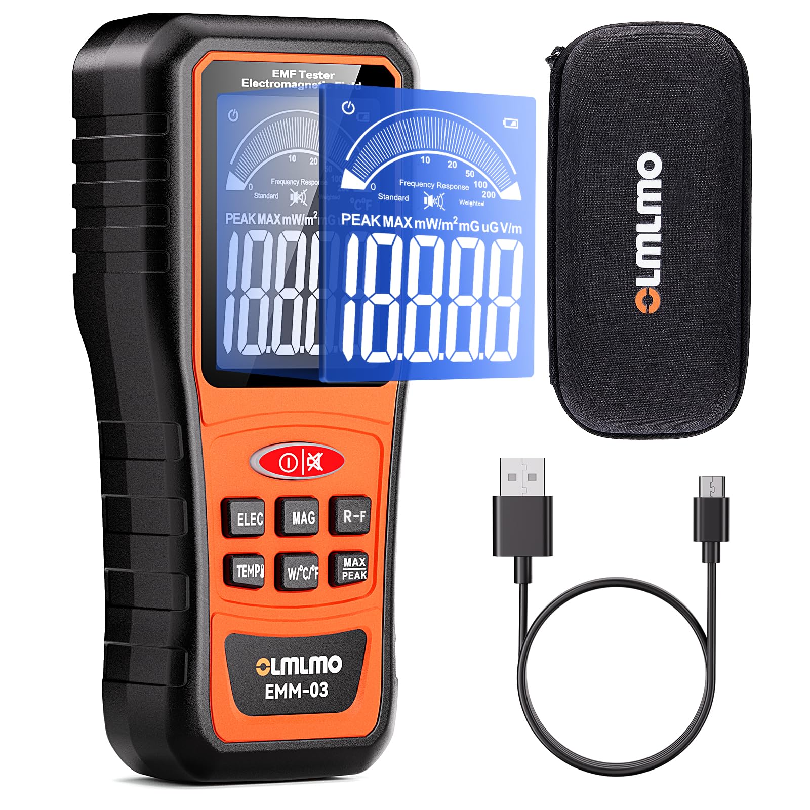 olmlmo 4 in 1 Emf Meter Emf Detector: Electric Field, Radio Frequency Field Temperature,Magnetic Field Strength Meter, Rechargeable Radiation Detector for 5g Cell Tower,WiFi Signal and Ghost Hunting