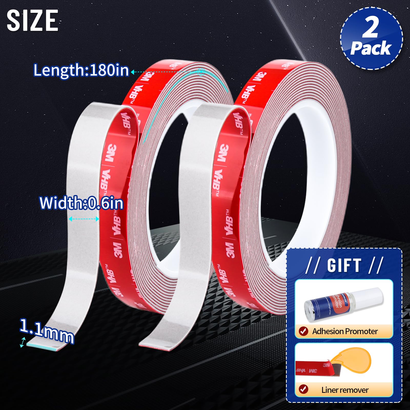 PHIXBEAR Super Strong Adhesive Tape, Made of 3M VHB, Automotive Double Sided Tape,Heavy Duty Mounting Molding Tape fits Car Trim, 2 Pack 0.6Inx15Ft