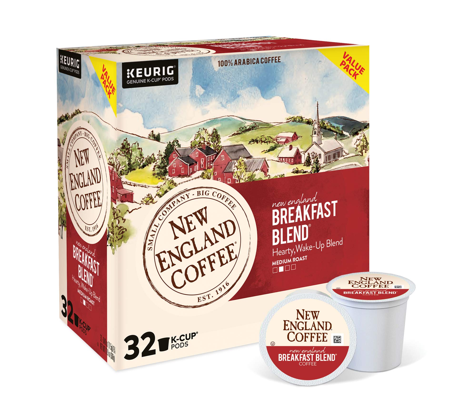 New England Coffee Breakfast Blend Medium Roast Single Serve Pods, 32ct Box (Pack of 1)